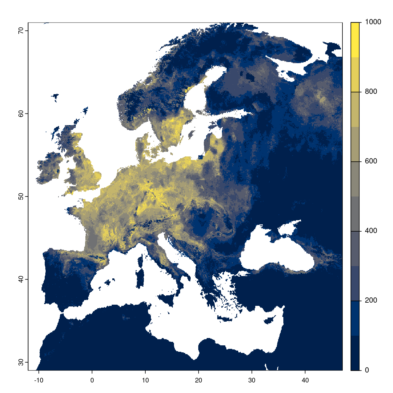Projection des distributions potentielles futures jusqu'à l'horizon 2100 sous le scénario SSP1-2.6 (modèle d'ensemble).