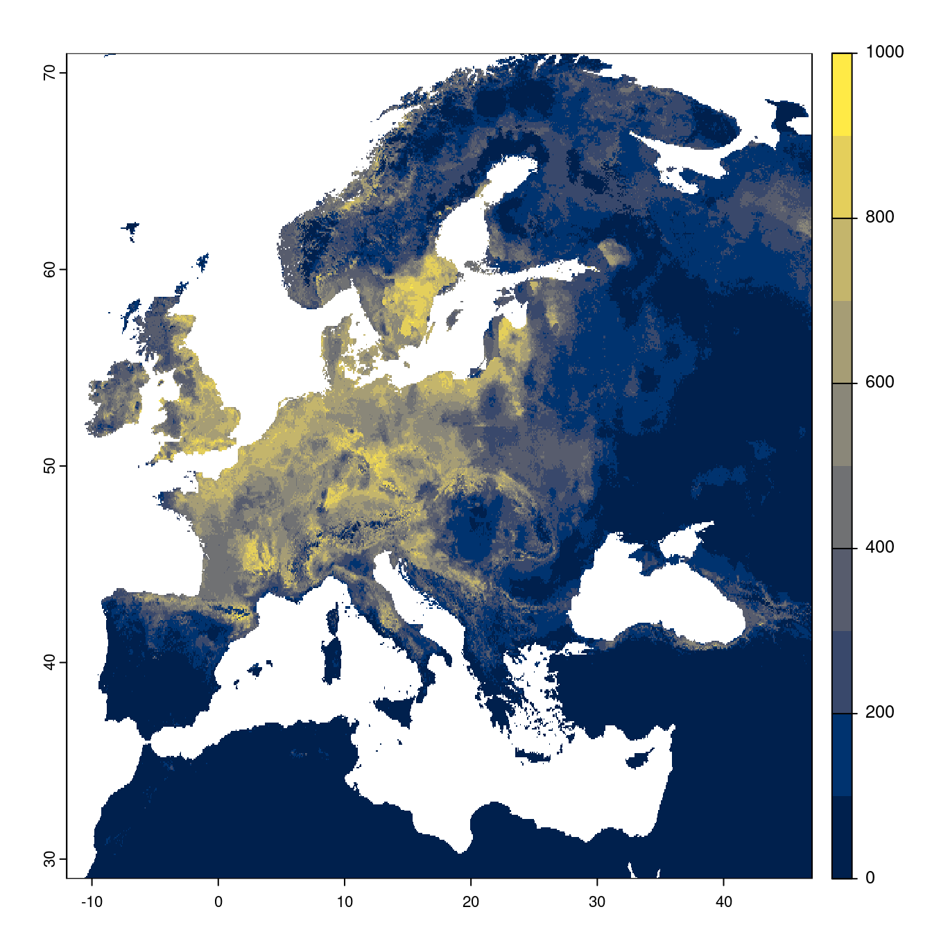 Projection des distributions potentielles futures jusqu'à l'horizon 2100 sous le scénario SSP3-7.0 (modèle d'ensemble).