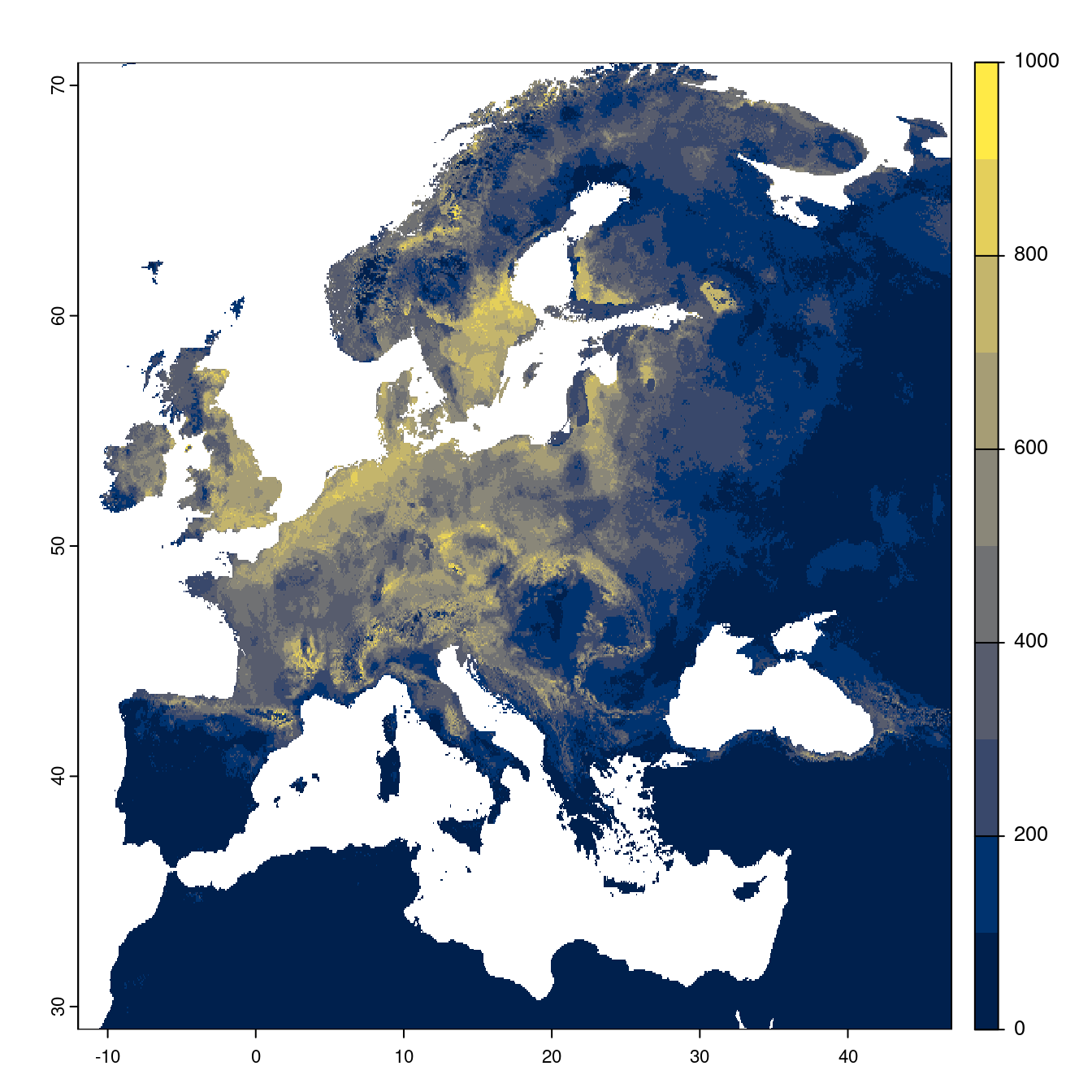 Projection des distributions potentielles futures jusqu'à l'horizon 2100 sous le scénario SSP3-7.0 (modèle d'ensemble).