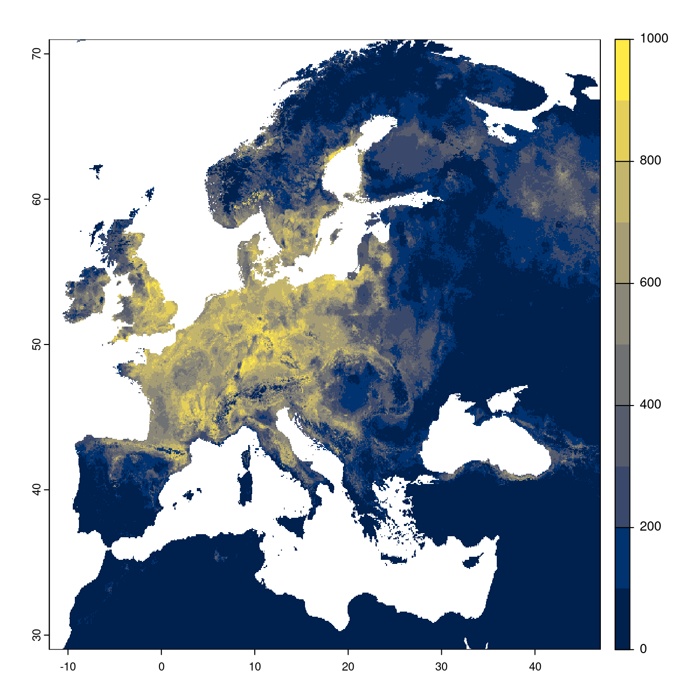 Projection des distributions potentielles futures jusqu'à l'horizon 2100 sous le scénario SSP5-8.5 (modèle d'ensemble).