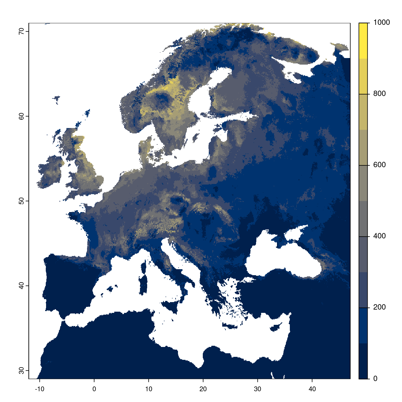 Projection des distributions potentielles futures jusqu'à l'horizon 2100 sous le scénario SSP5-8.5 (modèle d'ensemble).