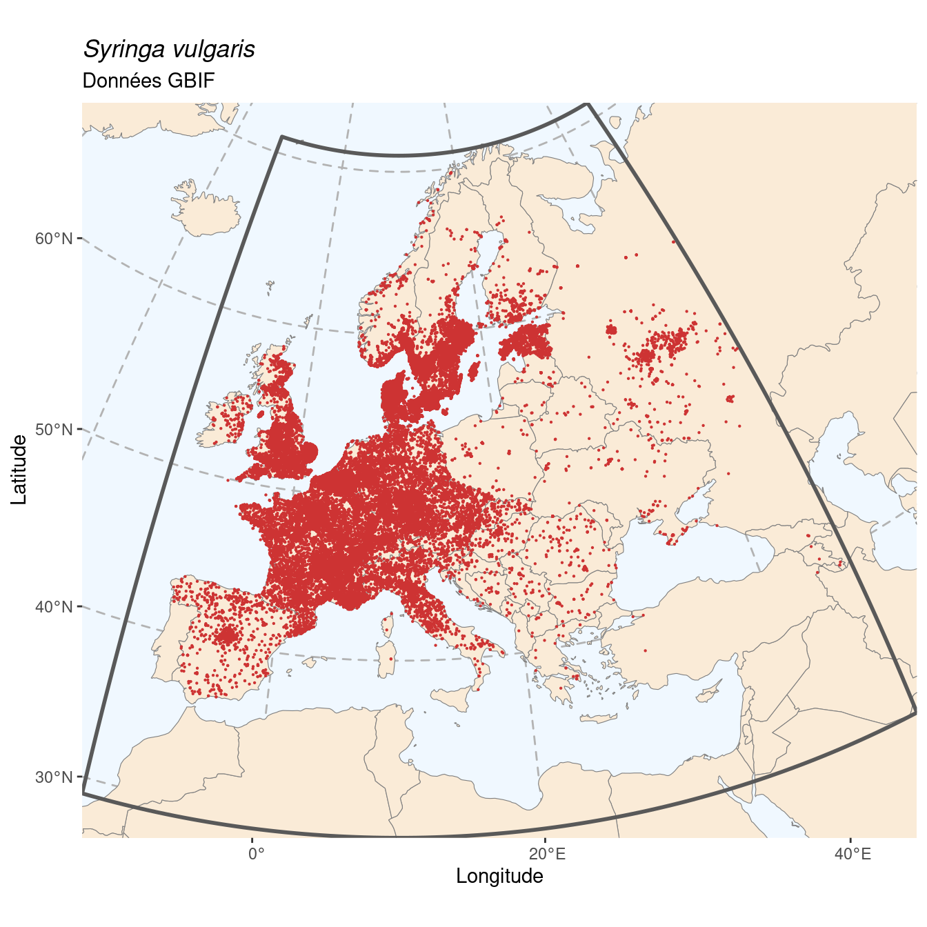 Occurrence de Syringa vulgaris dans la région d'endémisme.