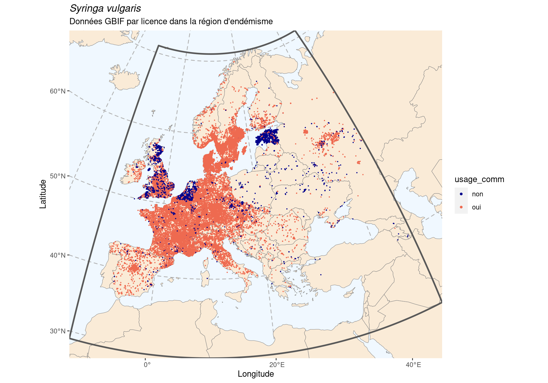 Occurrence de Syringa vulgaris dans la région d'endémisme, selon la licence : CC BY-NC en bleu ; CC0 et CC BY en orange.