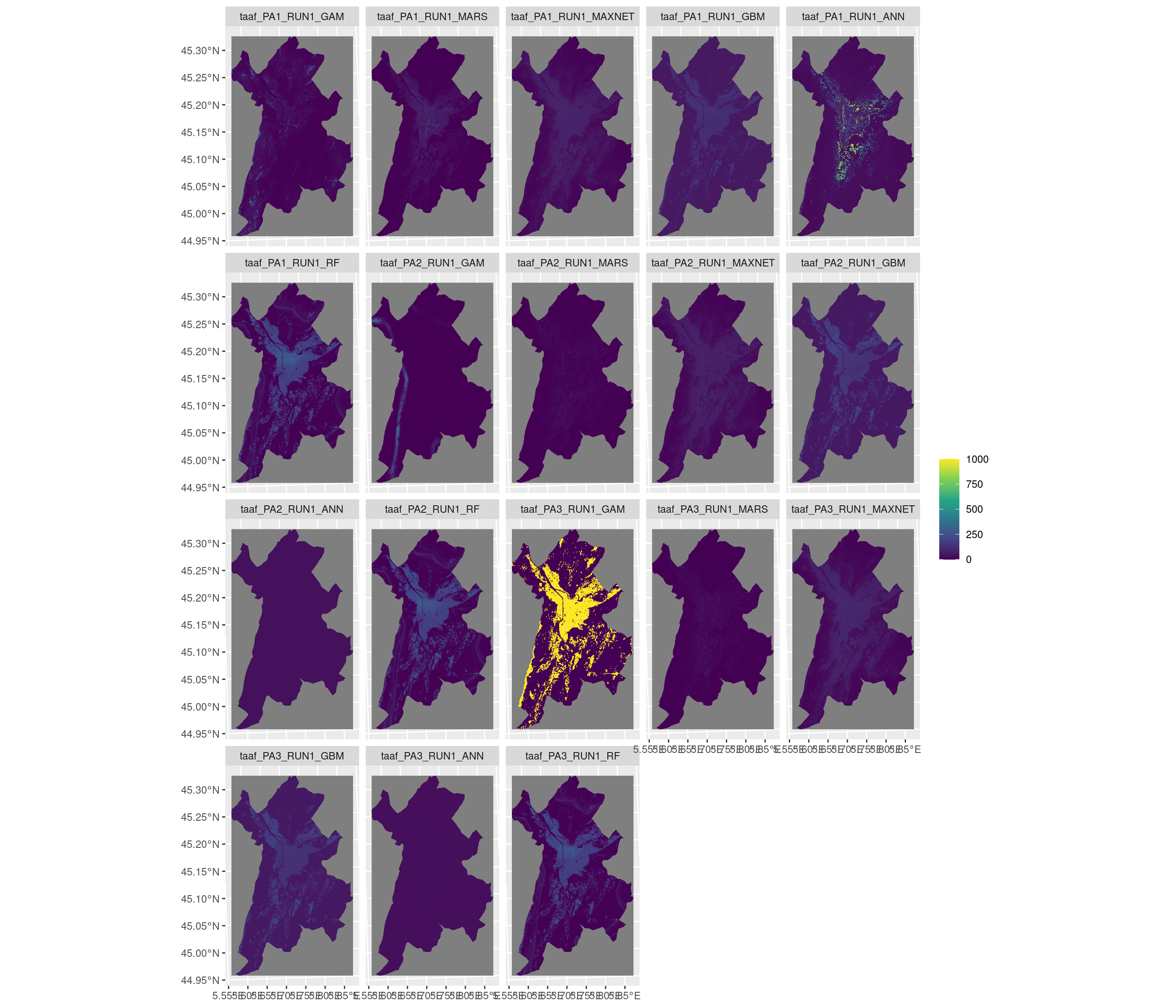 Projection de la distribution potentielle contemporaine sur la métropole de Grenoble, selon les 6 algorithmes et les 3 runs.