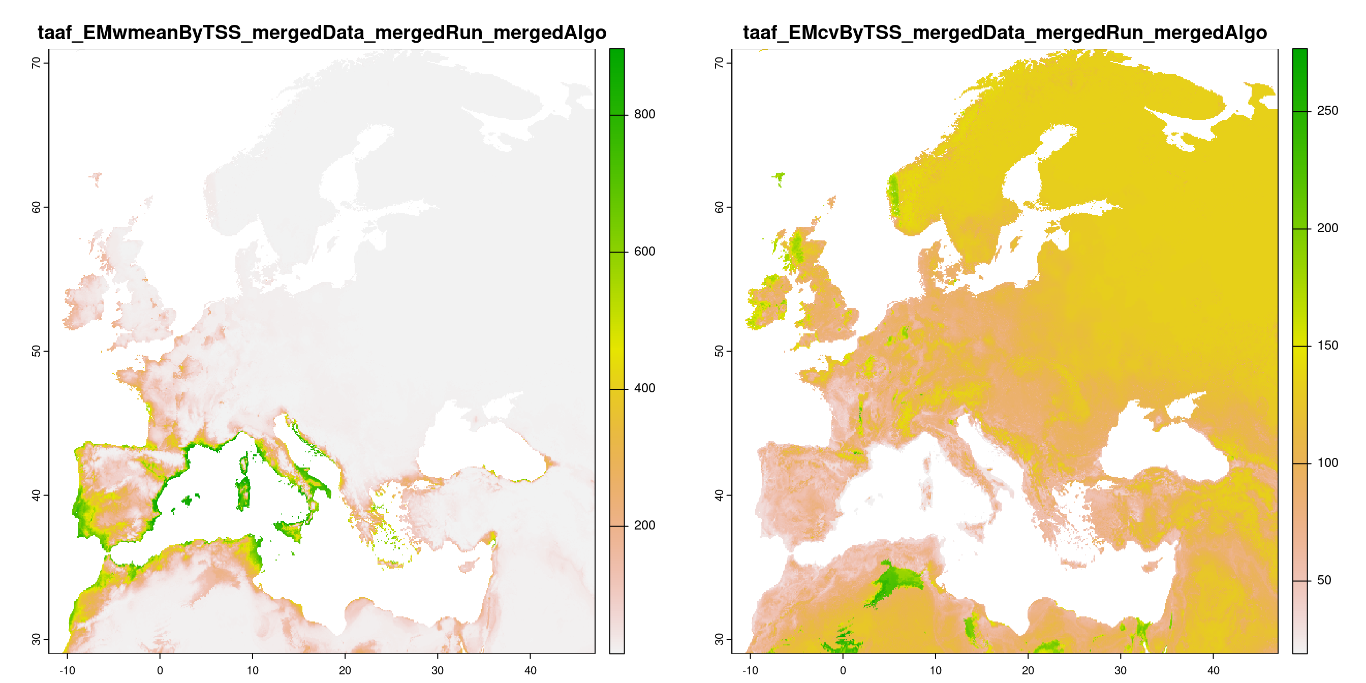 A) Projection de la distribution potentielle contemporaine (modèle d'ensemble) ; B) Incertitude associée à la projection.