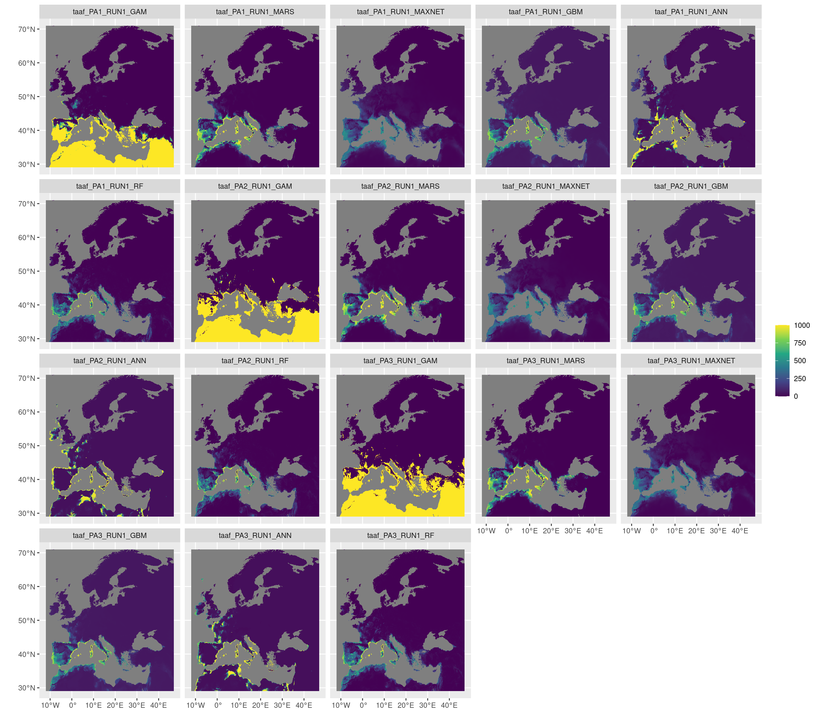 Projection de la distribution potentielle contemporaine sur l'Europe, selon les 6 algorithmes et les 3 runs.