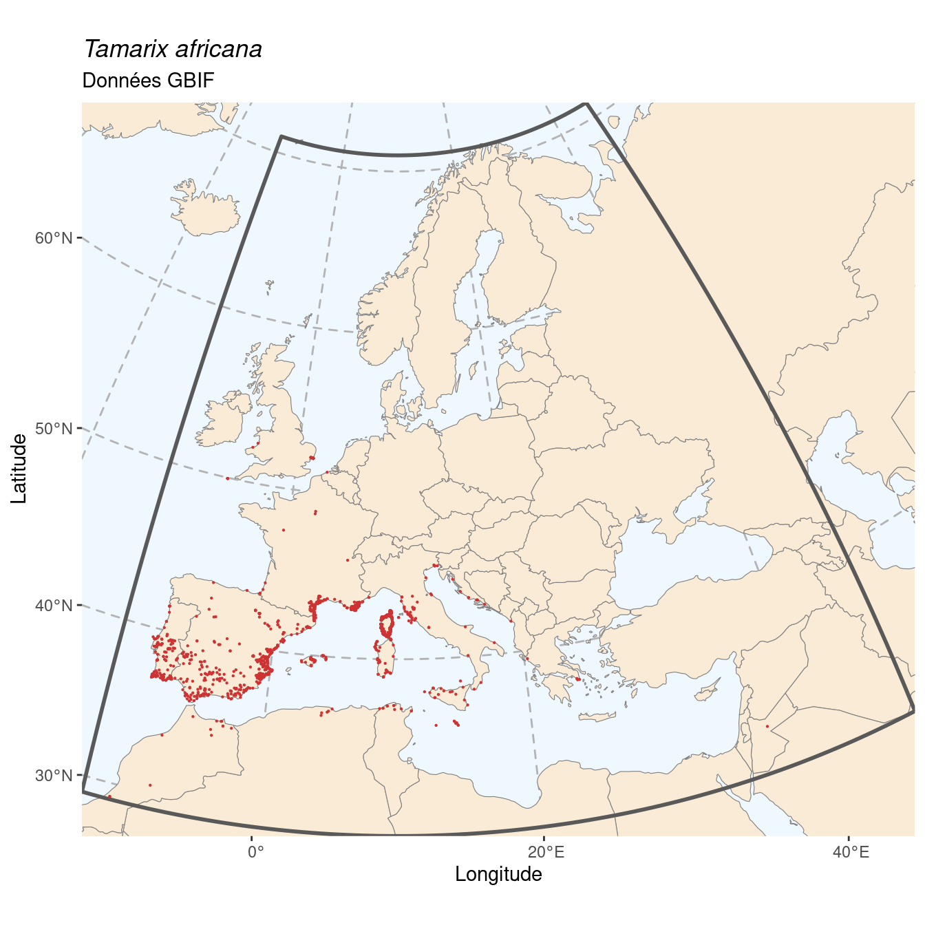 Occurrence de Tamarix africana dans la région d'endémisme.