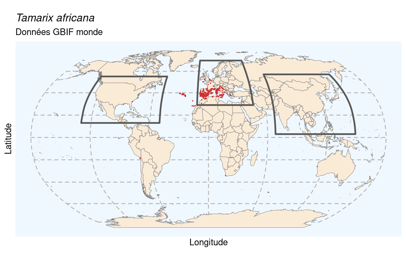 Occurrences de Tamarix africana dans le monde.