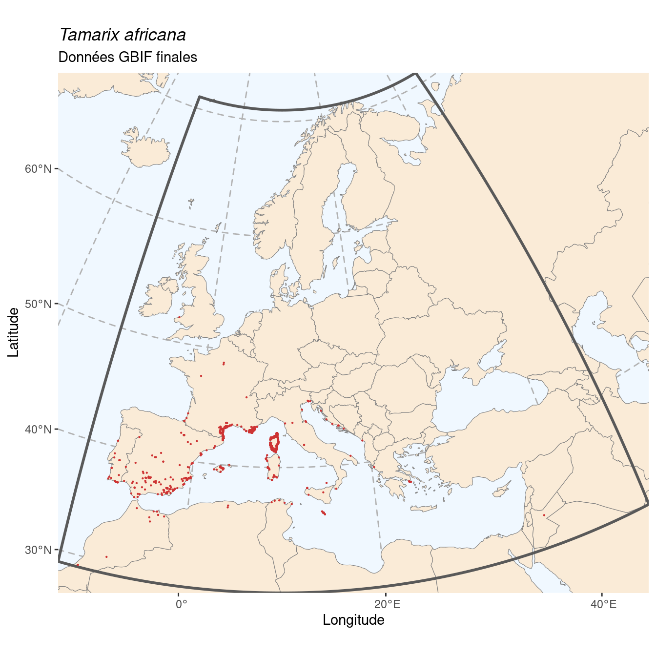 Occurrence de Tamarix africana dans la région d'endémisme après sous-échantillonnage éventuel.