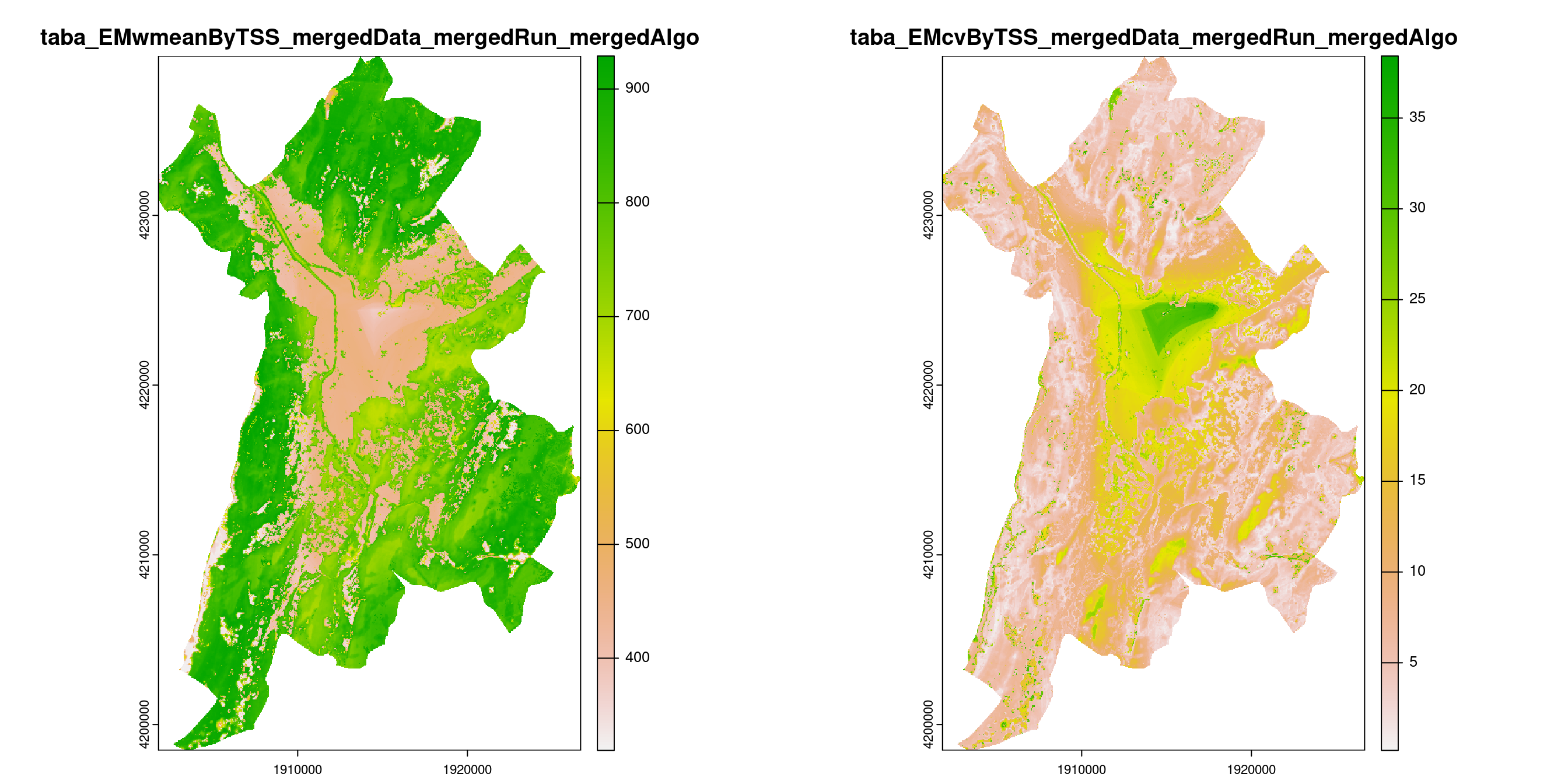 A) Projection de la distribution potentielle contemporaine (modèle d'ensemble) sur la métropole de Grenoble ; B) Incertitude associée à la projection.