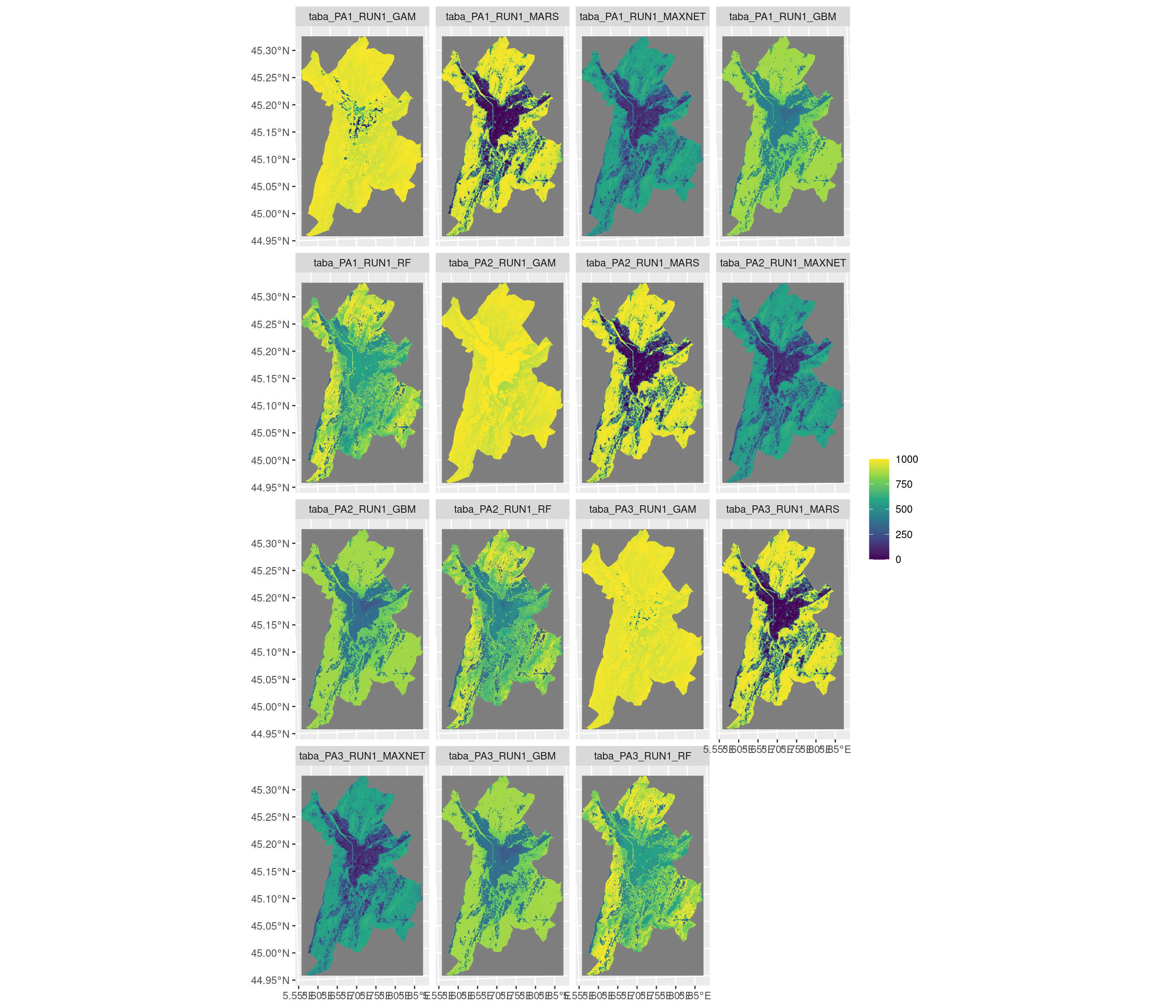 Projection de la distribution potentielle contemporaine sur la métropole de Grenoble, selon les 6 algorithmes et les 3 runs.