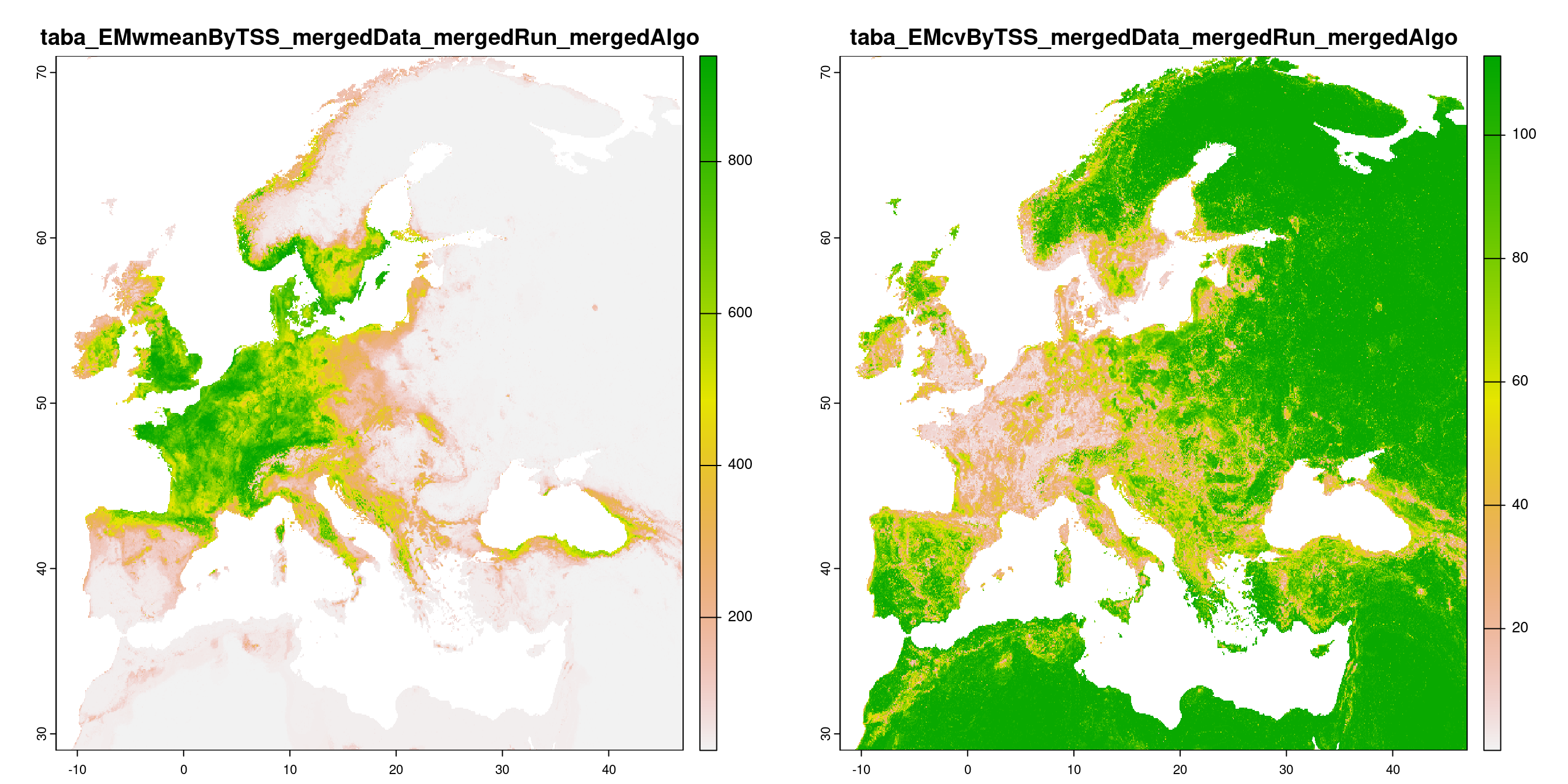 A) Projection de la distribution potentielle contemporaine (modèle d'ensemble) ; B) Incertitude associée à la projection.