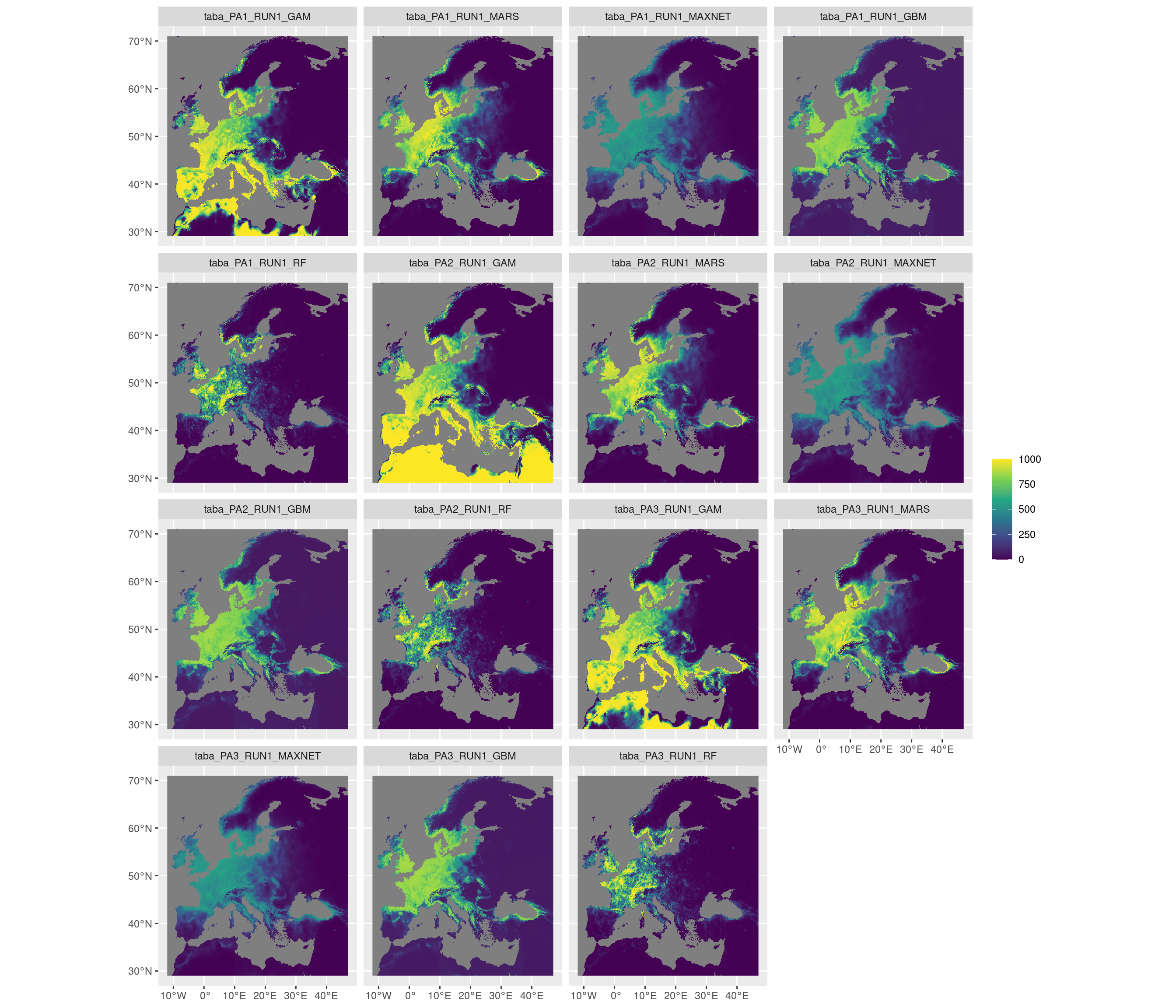 Projection de la distribution potentielle contemporaine sur l'Europe, selon les 6 algorithmes et les 3 runs.