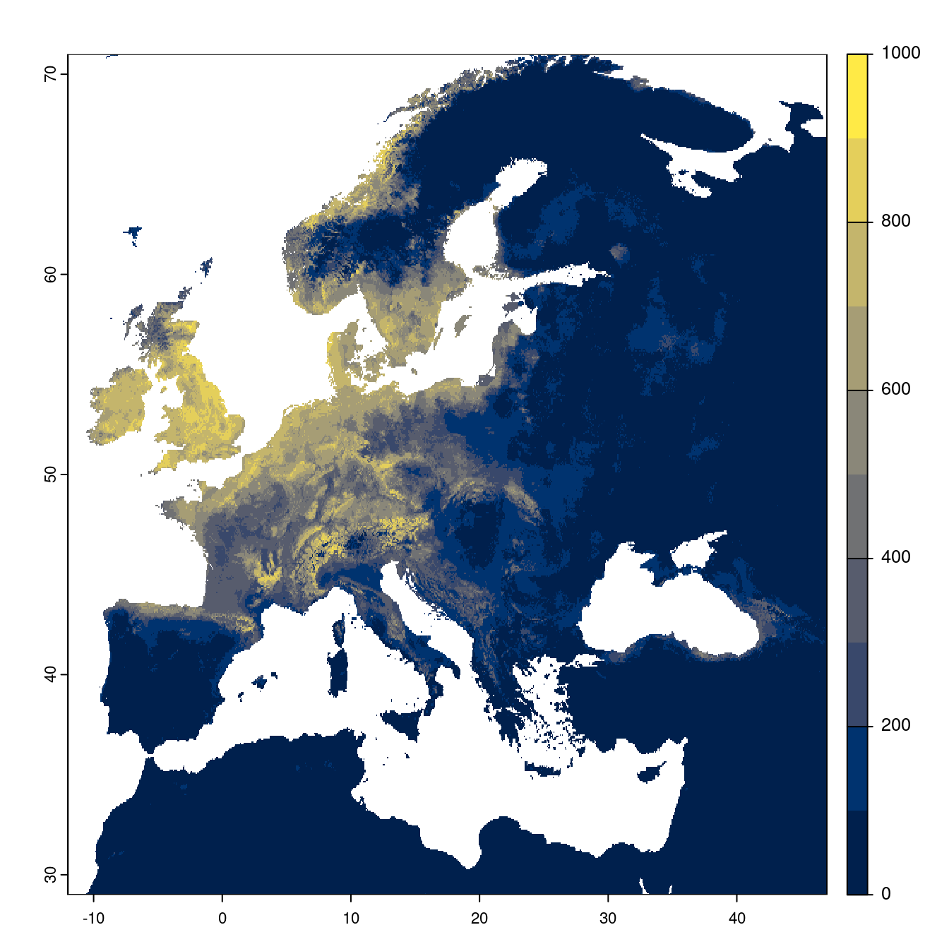 Projection des distributions potentielles futures jusqu'à l'horizon 2100 sous le scénario SSP2-4.5 (modèle d'ensemble).