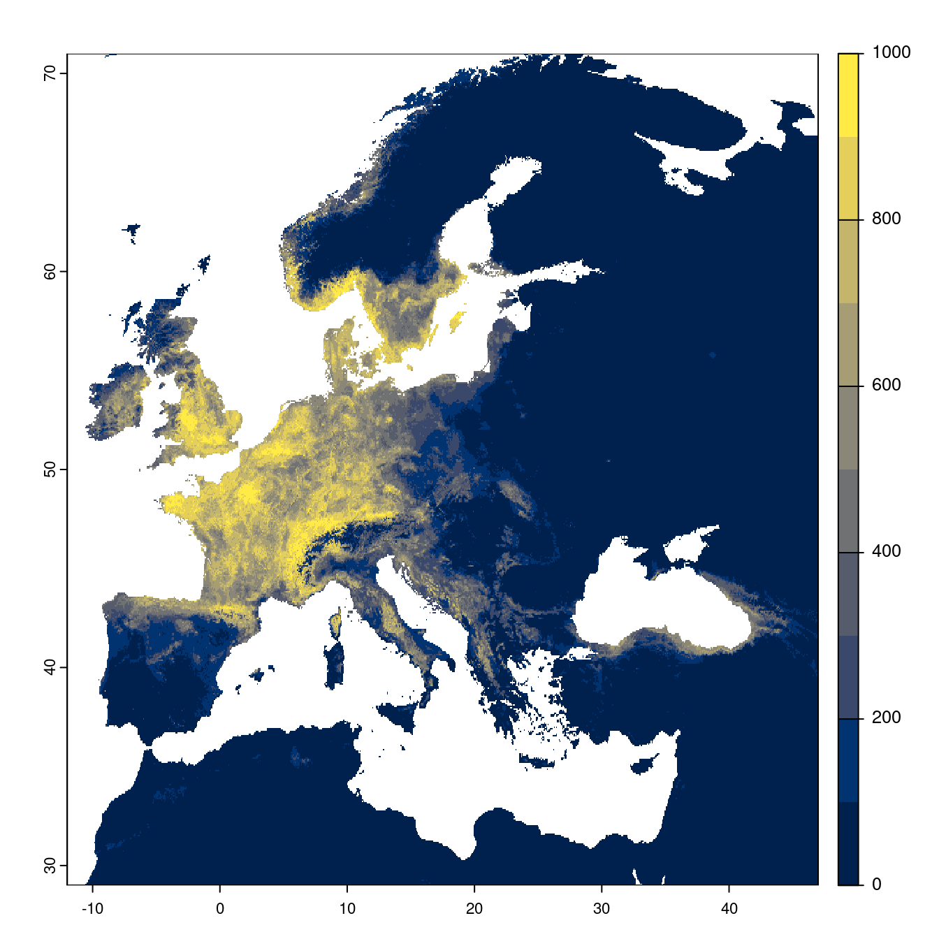 Projection des distributions potentielles futures jusqu'à l'horizon 2100 sous le scénario SSP3-7.0 (modèle d'ensemble).