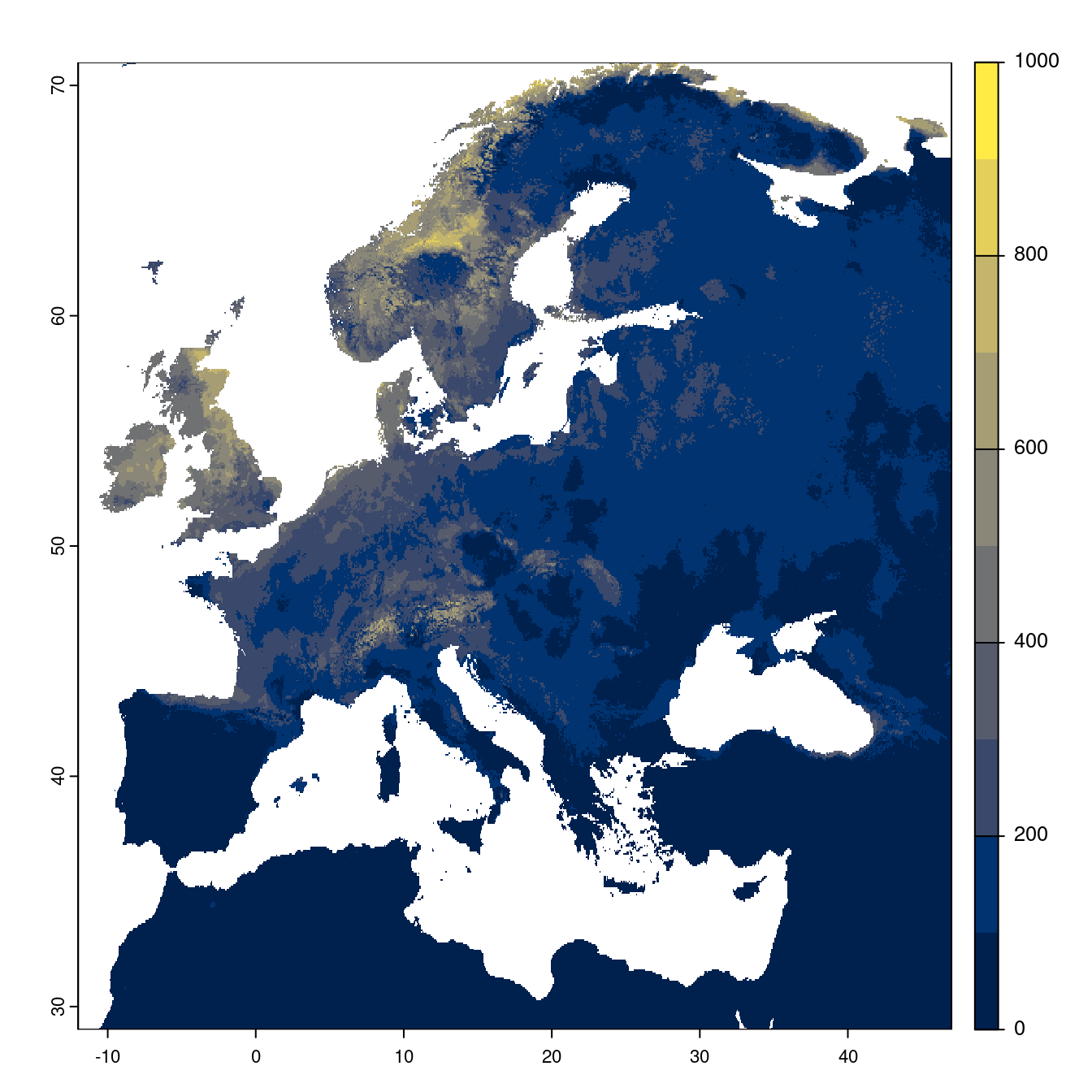 Projection des distributions potentielles futures jusqu'à l'horizon 2100 sous le scénario SSP5-8.5 (modèle d'ensemble).