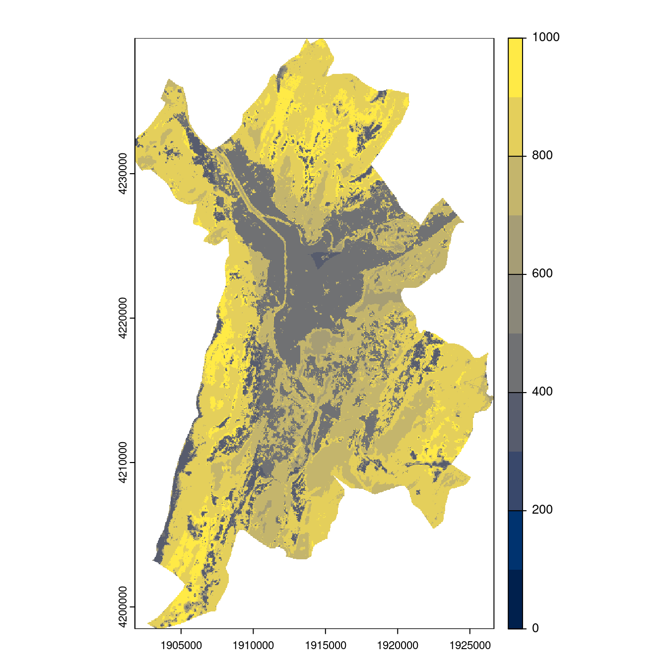 Projection des distributions potentielles contemporaine et futures jusqu'à l'horizon 2100 sous le scénario SSP5-8.5 (modèle d'ensemble, GCM IPSL).