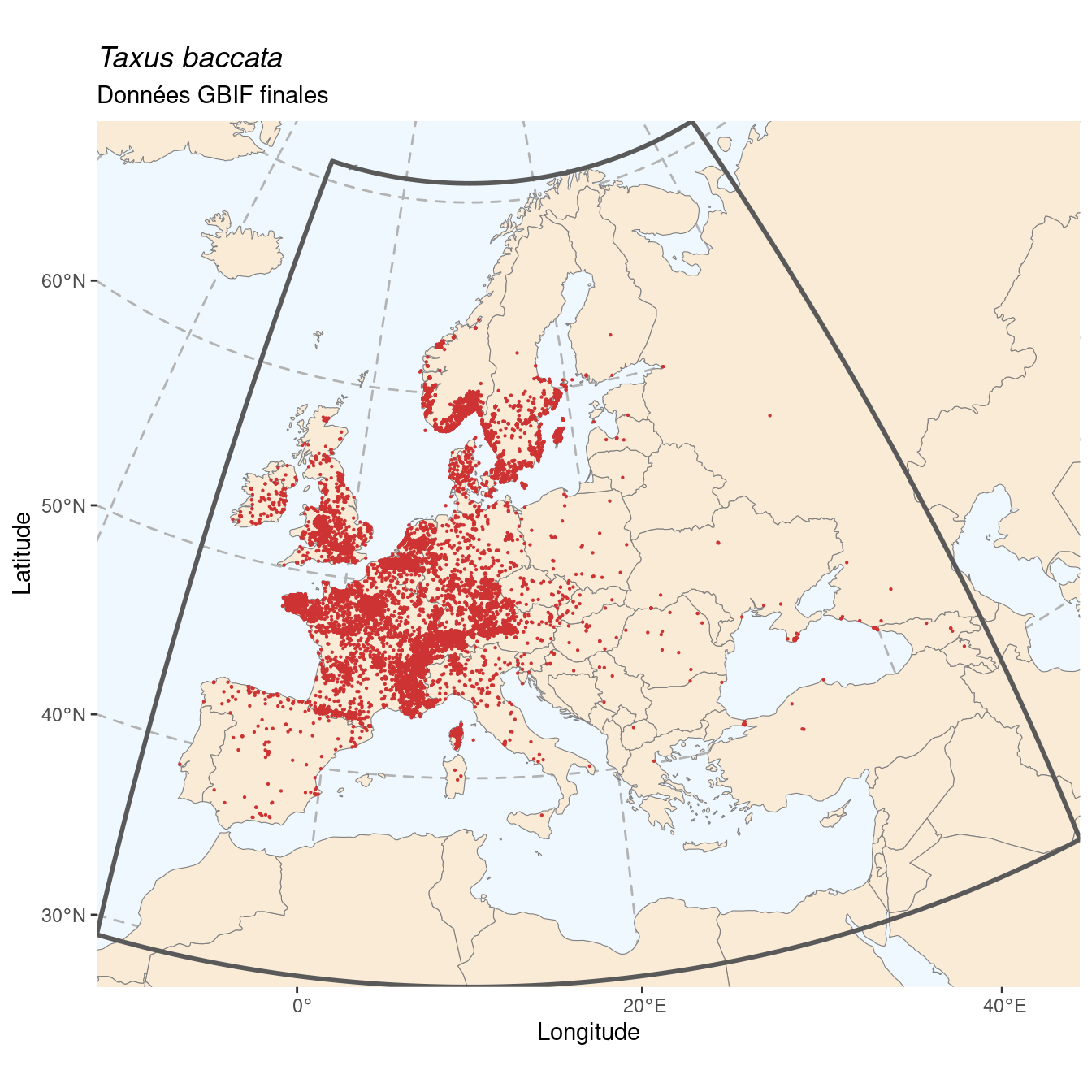 Occurrence de Taxus baccata dans la région d'endémisme après sous-échantillonnage éventuel.