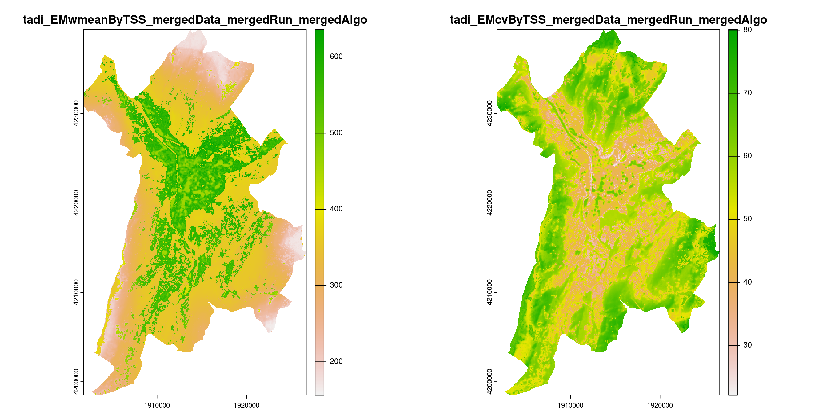 A) Projection de la distribution potentielle contemporaine (modèle d'ensemble) sur la métropole de Grenoble ; B) Incertitude associée à la projection.