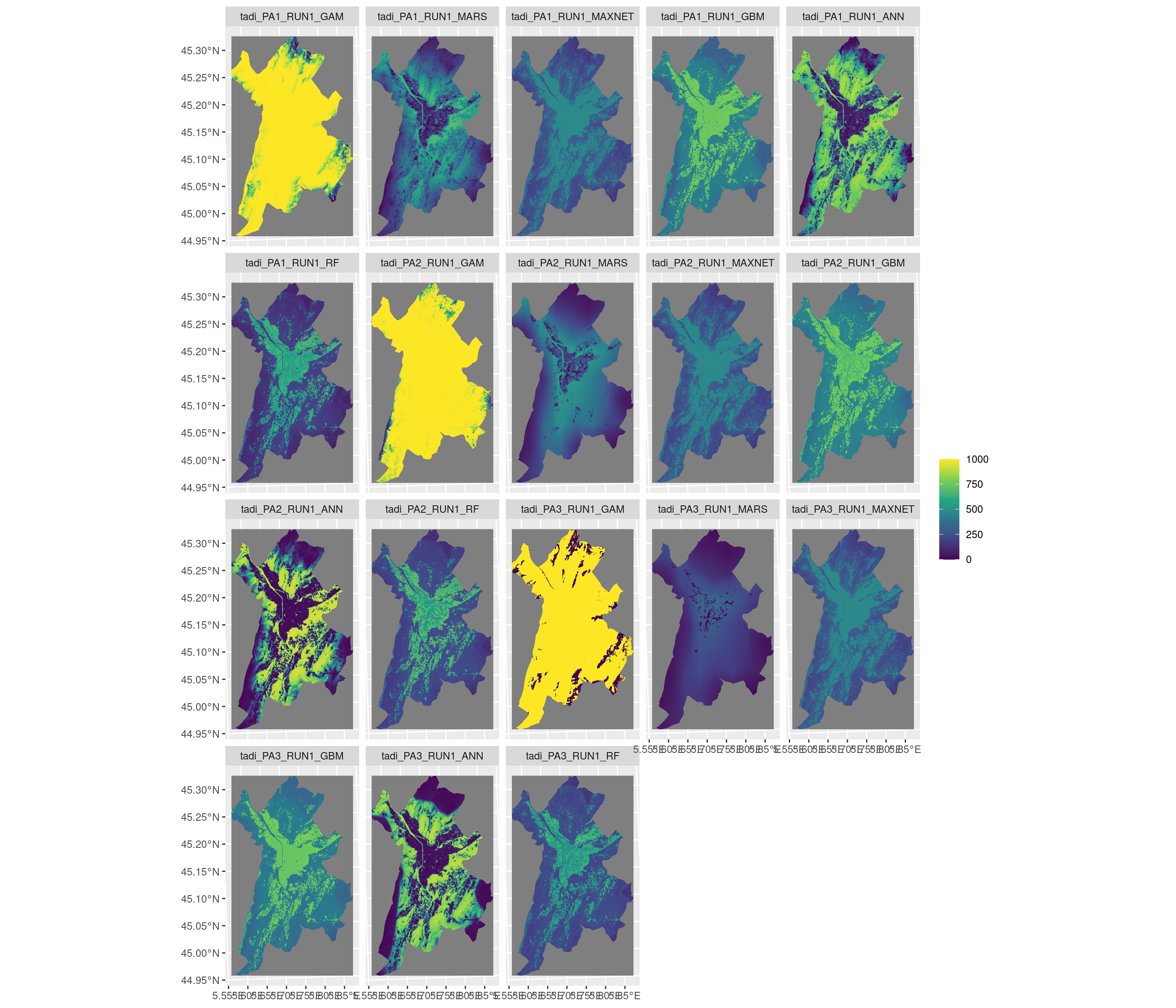 Projection de la distribution potentielle contemporaine sur la métropole de Grenoble, selon les 6 algorithmes et les 3 runs.
