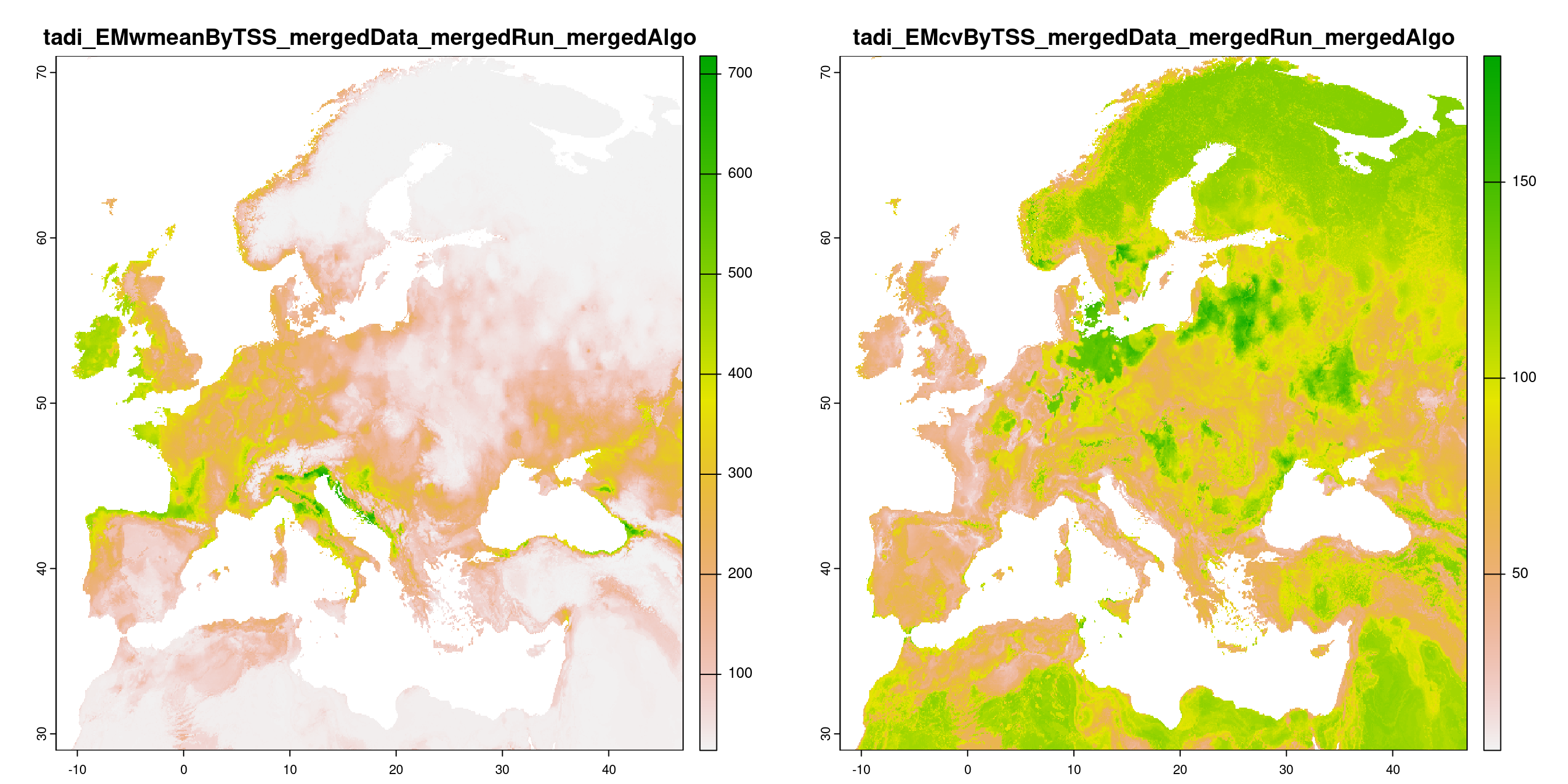 A) Projection de la distribution potentielle contemporaine (modèle d'ensemble) ; B) Incertitude associée à la projection.