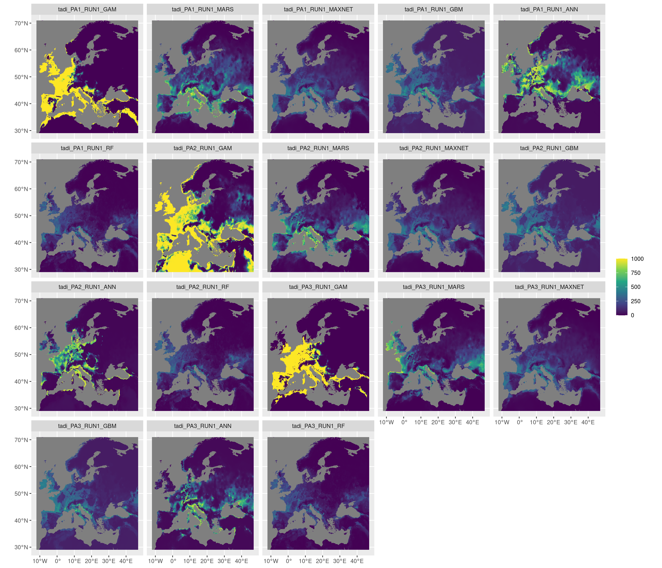 Projection de la distribution potentielle contemporaine sur l'Europe, selon les 6 algorithmes et les 3 runs.
