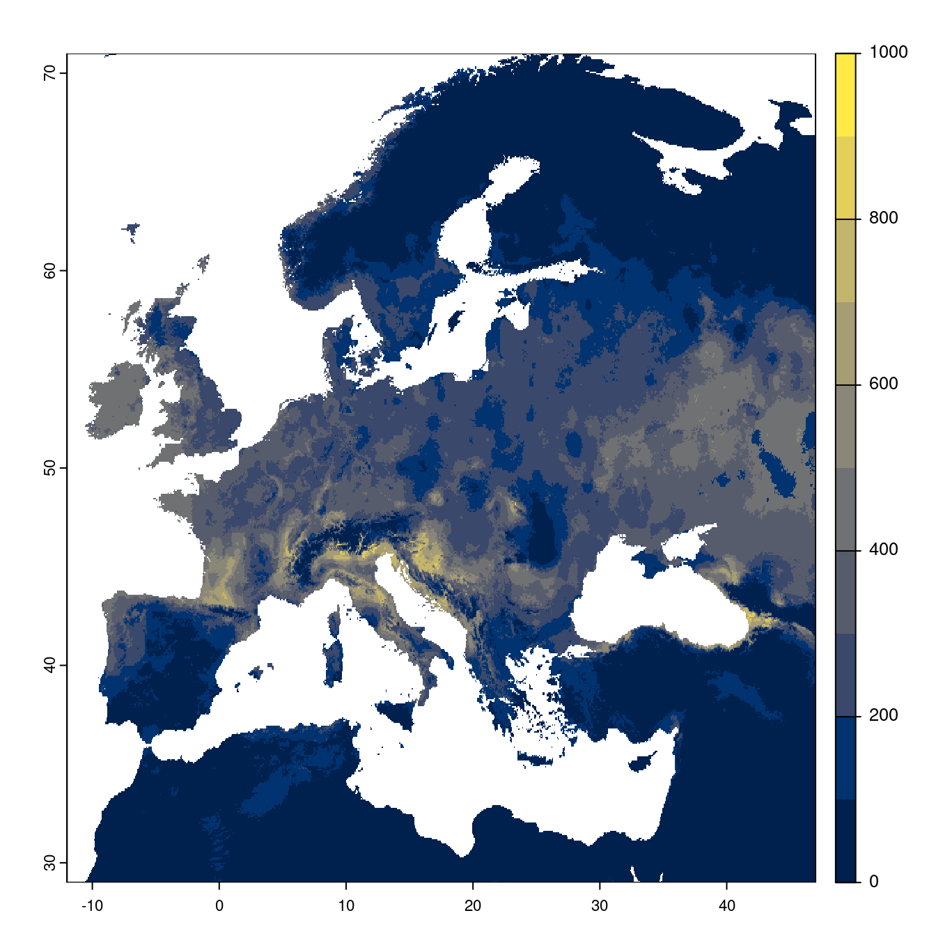 Projection des distributions potentielles futures jusqu'à l'horizon 2100 sous le scénario SSP1-2.6 (modèle d'ensemble).