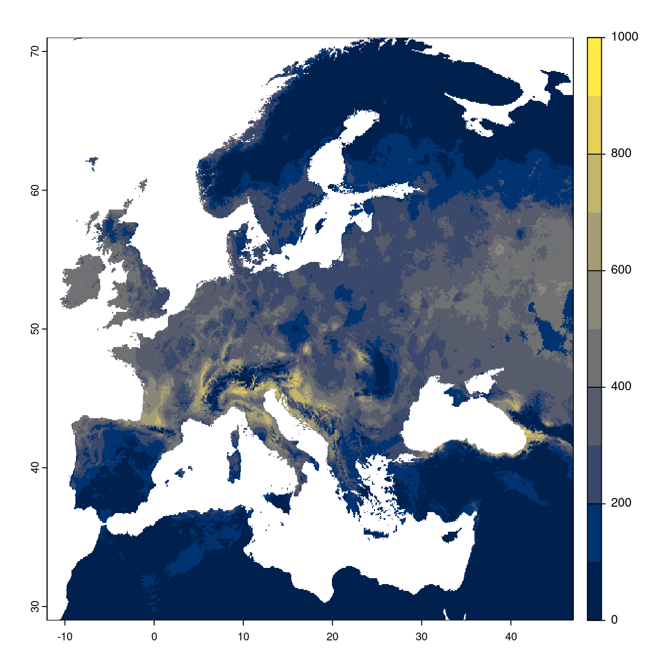 Projection des distributions potentielles futures jusqu'à l'horizon 2100 sous le scénario SSP1-2.6 (modèle d'ensemble).