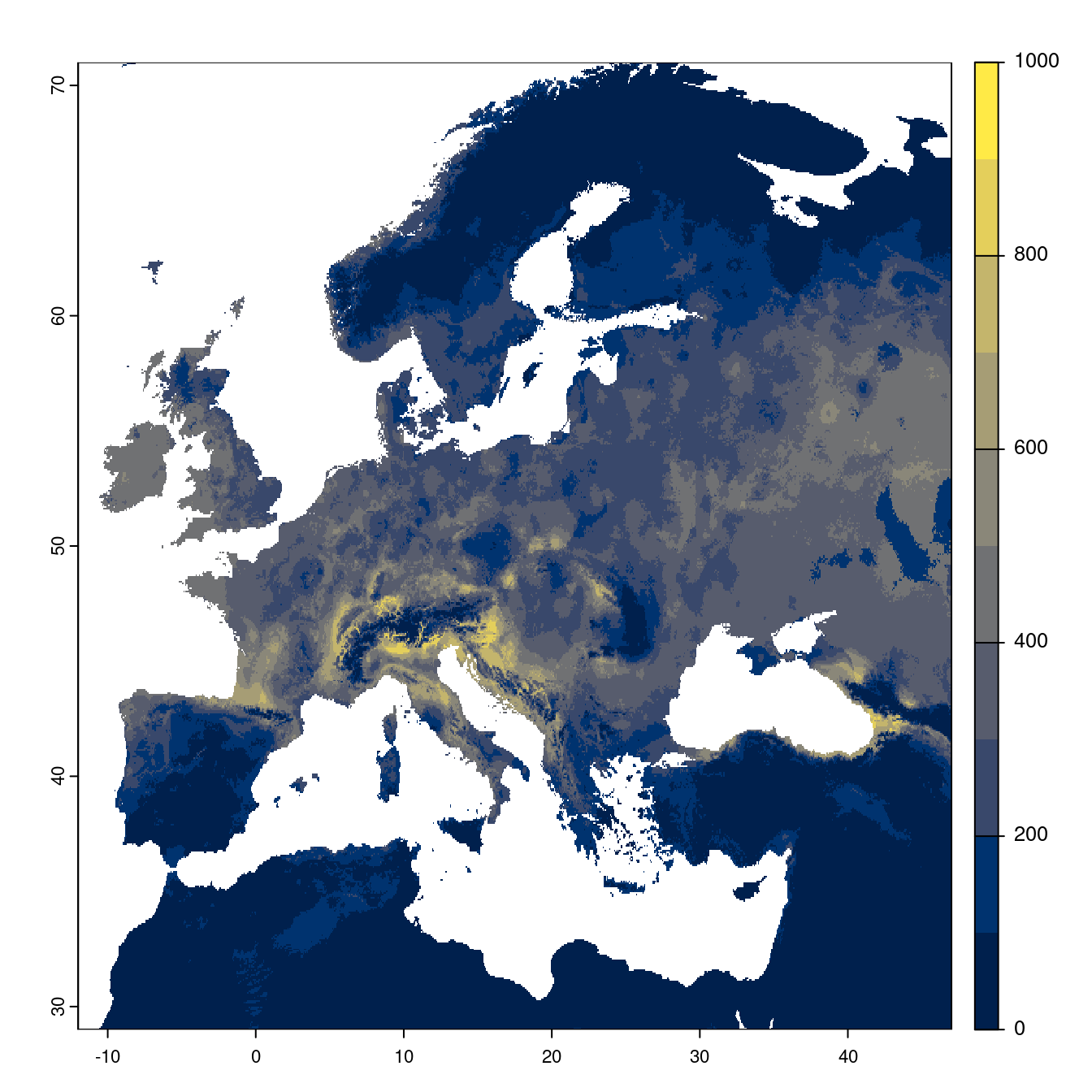 Projection des distributions potentielles futures jusqu'à l'horizon 2100 sous le scénario SSP2-4.5 (modèle d'ensemble).