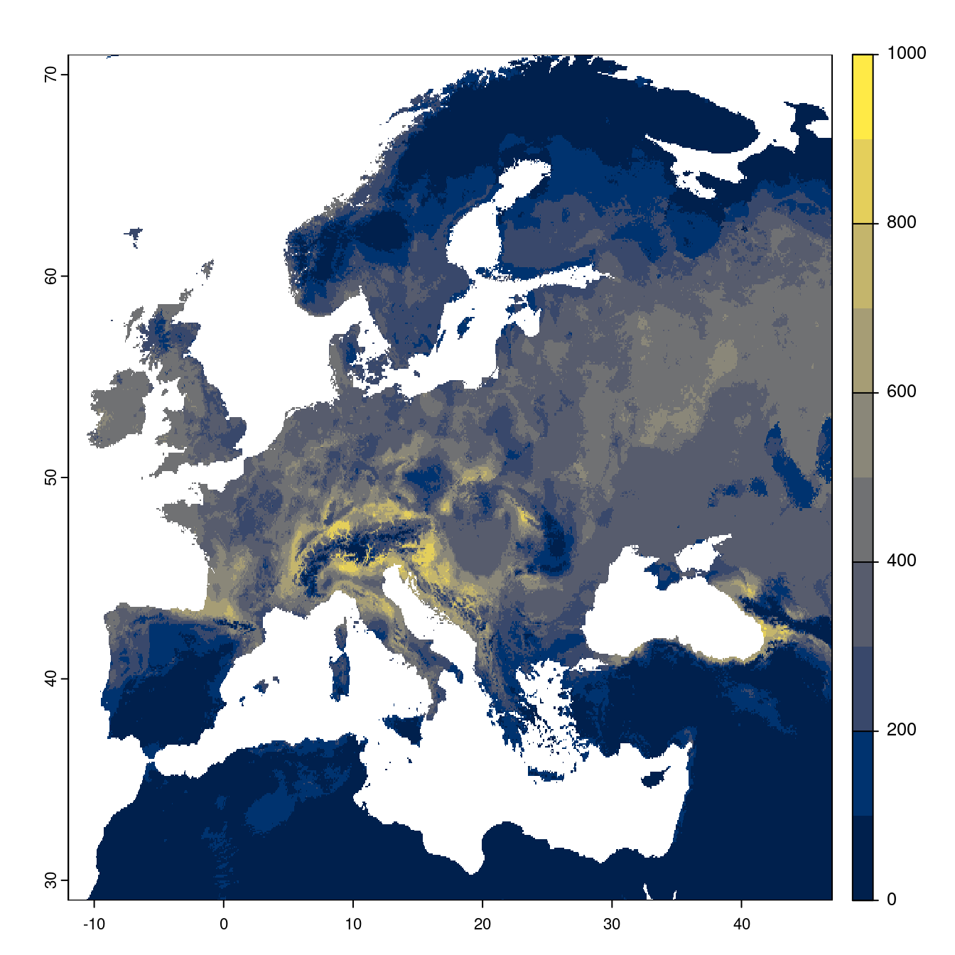 Projection des distributions potentielles futures jusqu'à l'horizon 2100 sous le scénario SSP2-4.5 (modèle d'ensemble).