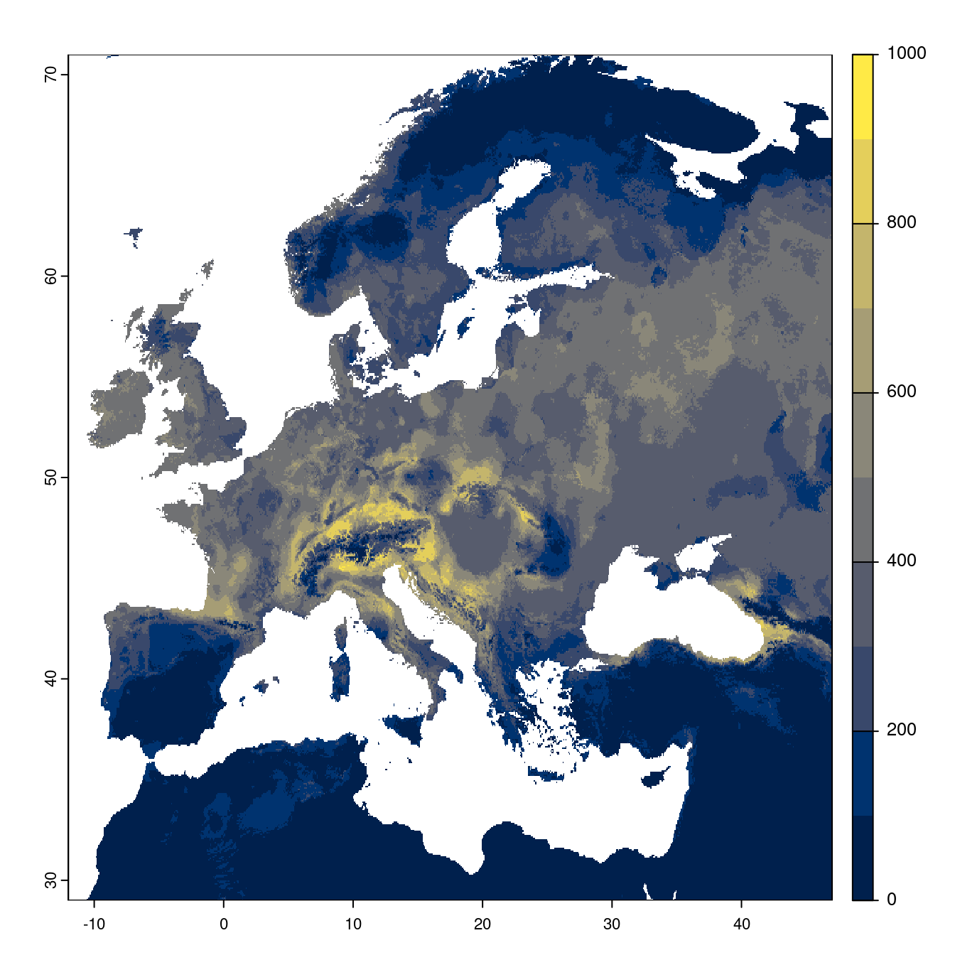Projection des distributions potentielles futures jusqu'à l'horizon 2100 sous le scénario SSP2-4.5 (modèle d'ensemble).