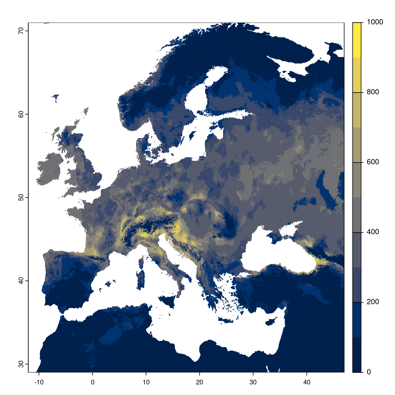 Projection des distributions potentielles futures jusqu'à l'horizon 2100 sous le scénario SSP3-7.0 (modèle d'ensemble).