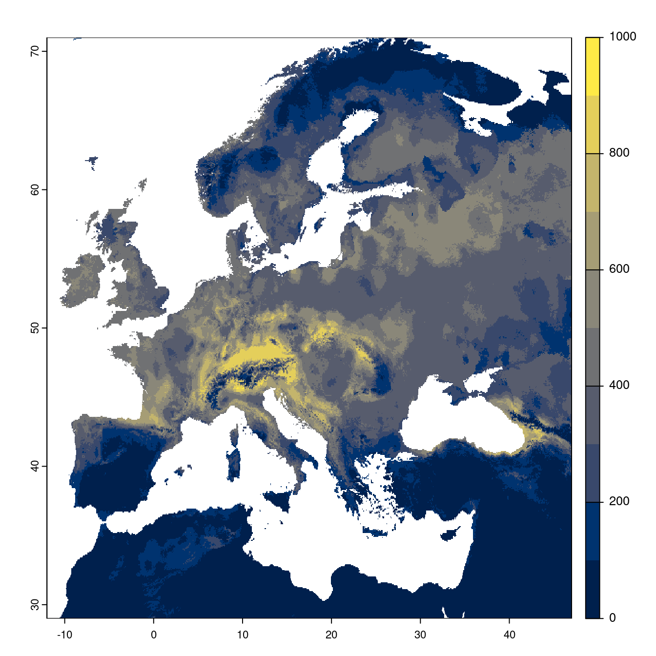 Projection des distributions potentielles futures jusqu'à l'horizon 2100 sous le scénario SSP5-8.5 (modèle d'ensemble).
