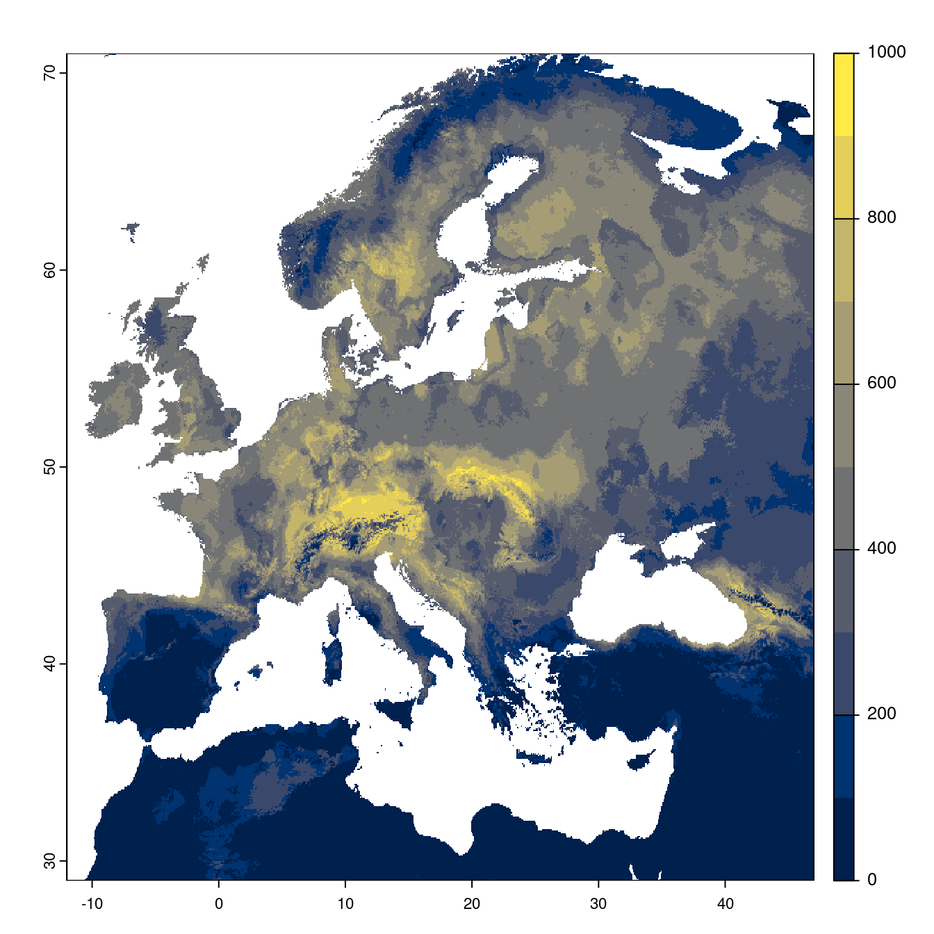 Projection des distributions potentielles futures jusqu'à l'horizon 2100 sous le scénario SSP5-8.5 (modèle d'ensemble).