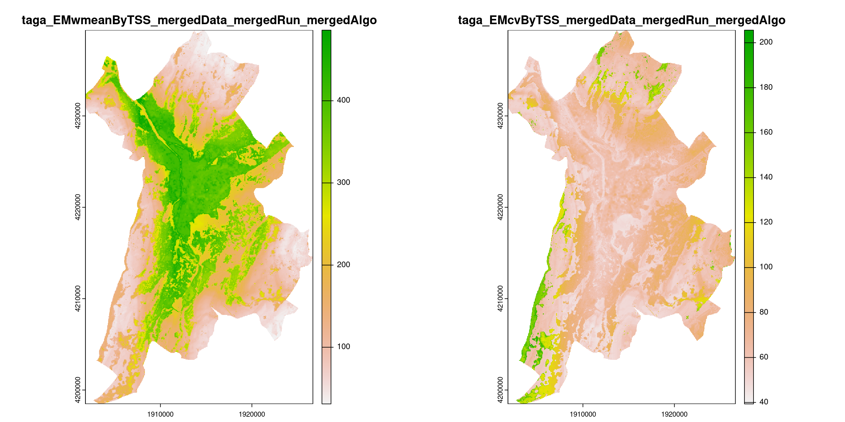 A) Projection de la distribution potentielle contemporaine (modèle d'ensemble) sur la métropole de Grenoble ; B) Incertitude associée à la projection.