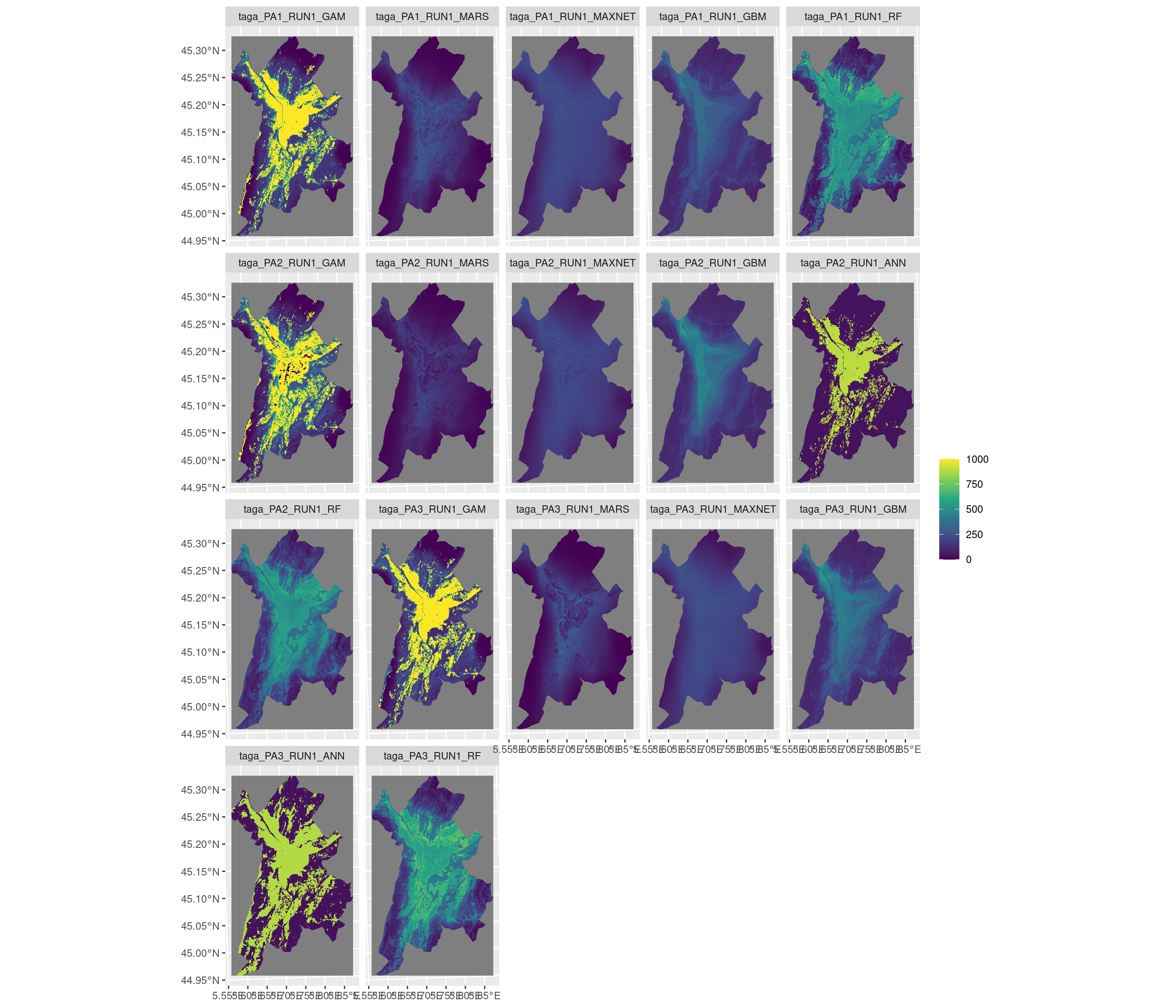 Projection de la distribution potentielle contemporaine sur la métropole de Grenoble, selon les 6 algorithmes et les 3 runs.