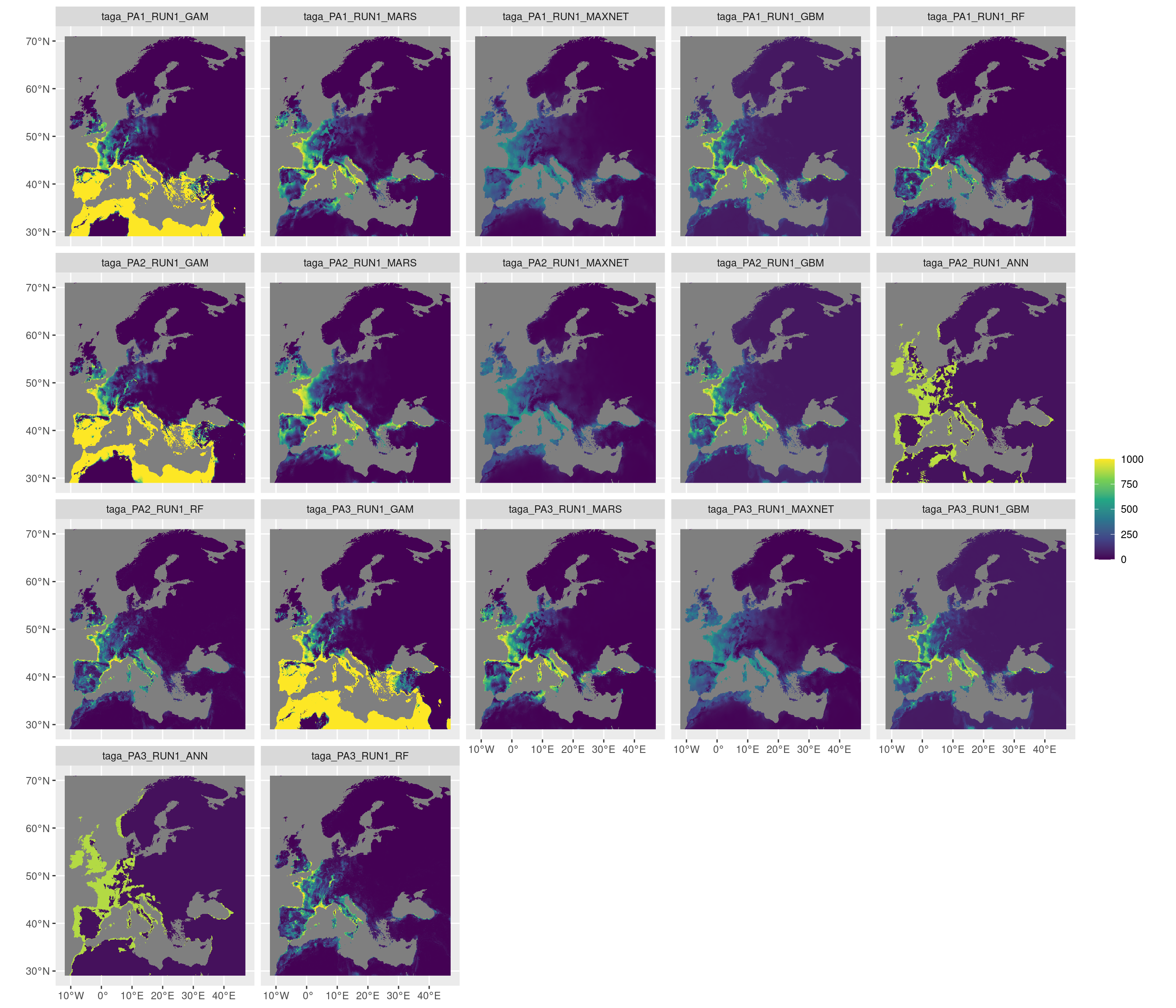 Projection de la distribution potentielle contemporaine sur l'Europe, selon les 6 algorithmes et les 3 runs.