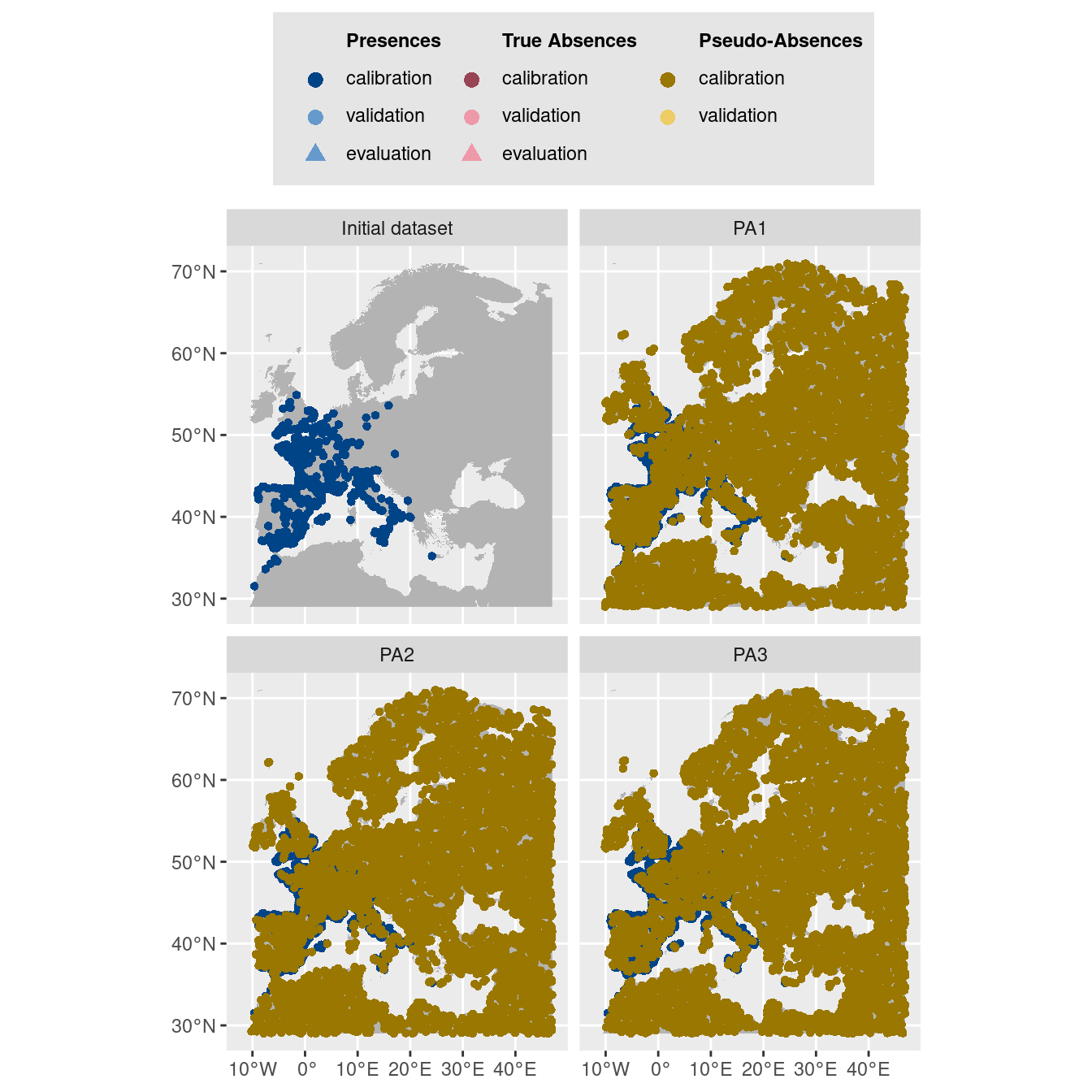 Les données d'occurrences (en haut à gauche) et les trois jeux de données aléatoires de pseudo-absences.
