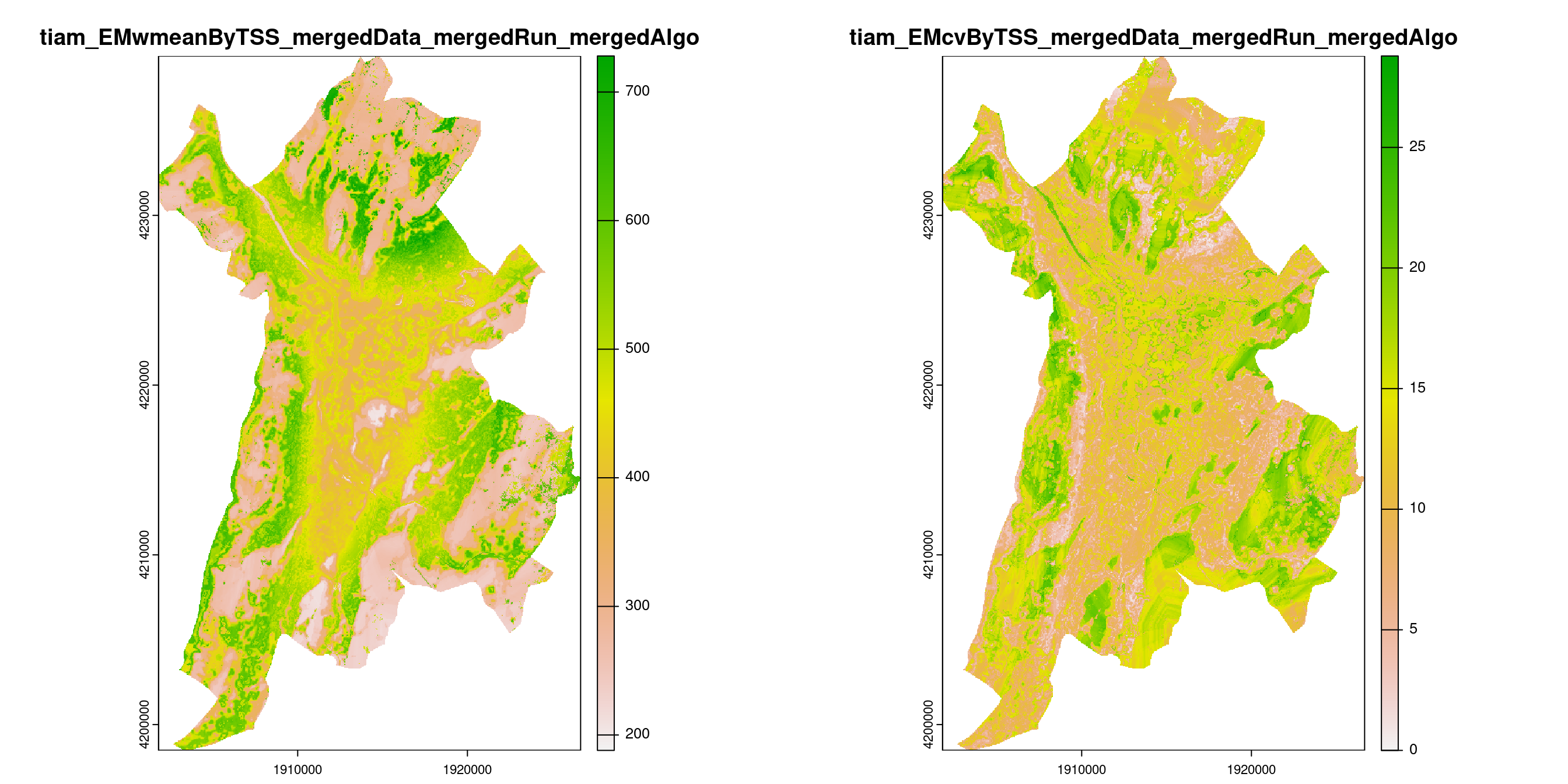 A) Projection de la distribution potentielle contemporaine (modèle d'ensemble) sur la métropole de Grenoble ; B) Incertitude associée à la projection.