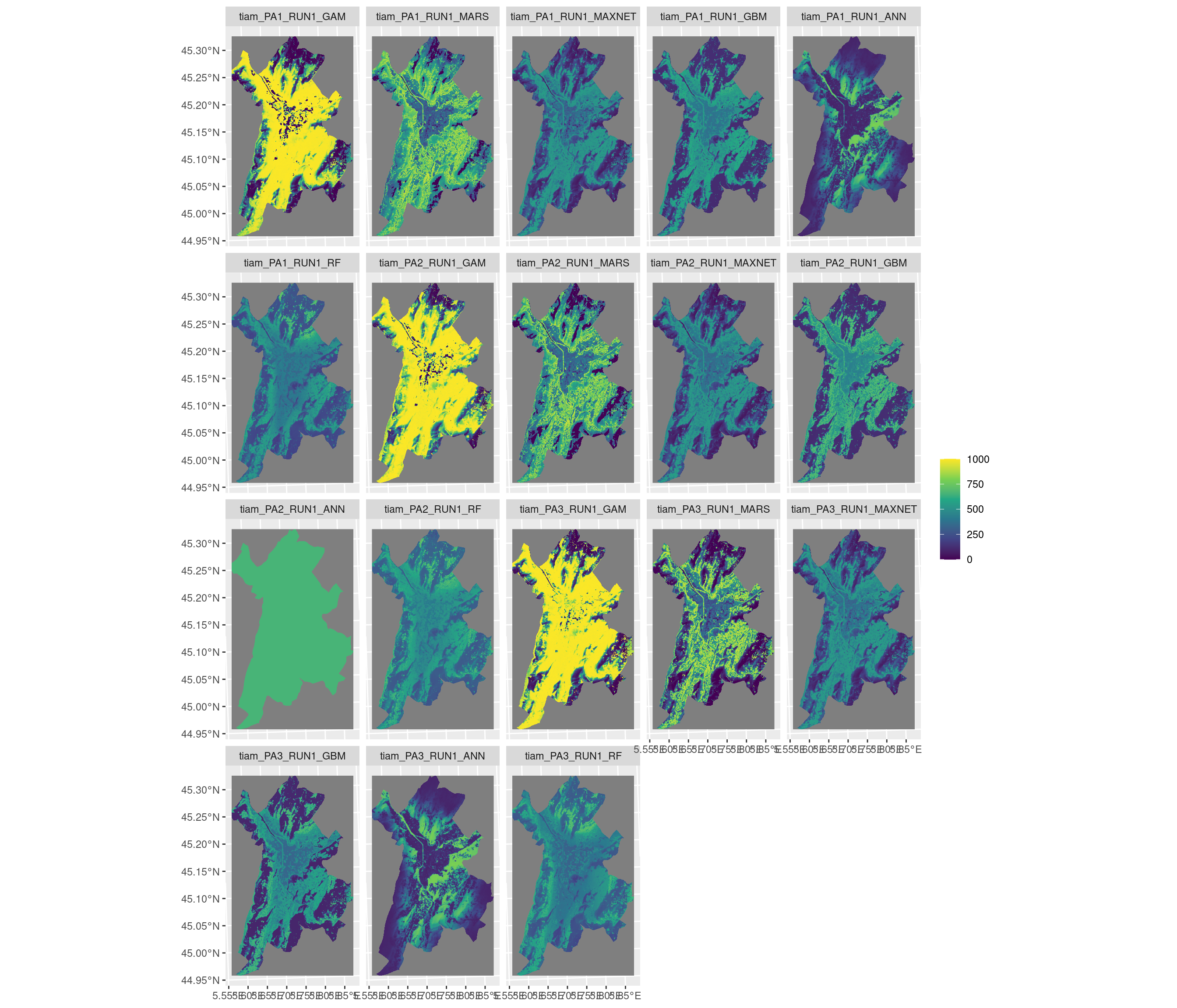 Projection de la distribution potentielle contemporaine sur la métropole de Grenoble, selon les 6 algorithmes et les 3 runs.