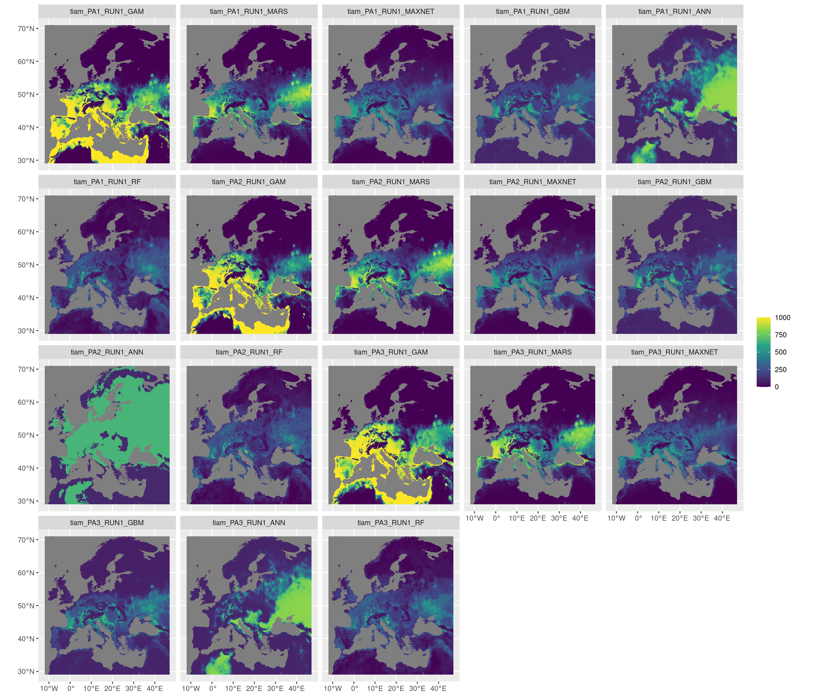 Projection de la distribution potentielle contemporaine sur l'Europe, selon les 6 algorithmes et les 3 runs.