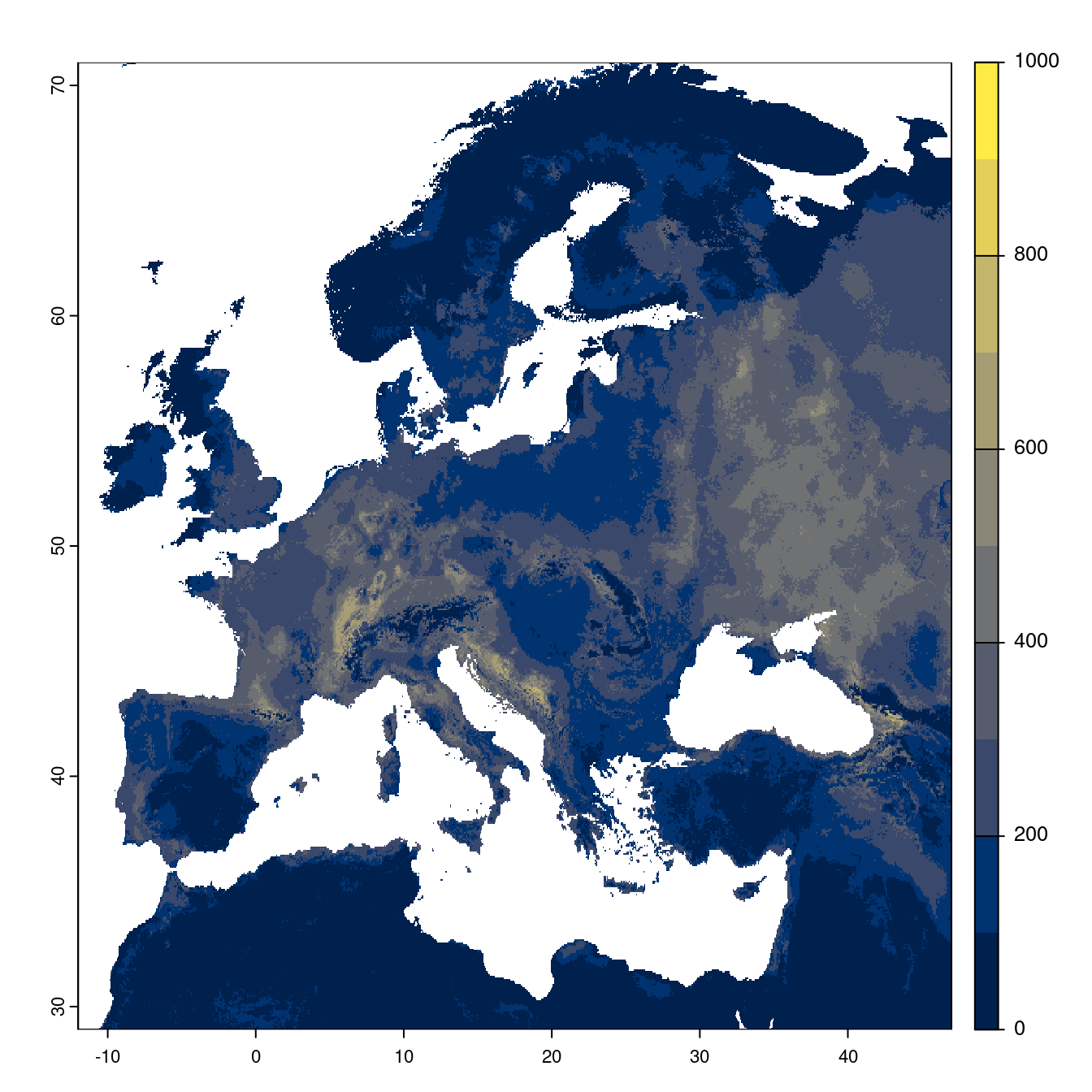 Projection des distributions potentielles futures jusqu'à l'horizon 2100 sous le scénario SSP1-2.6 (modèle d'ensemble).