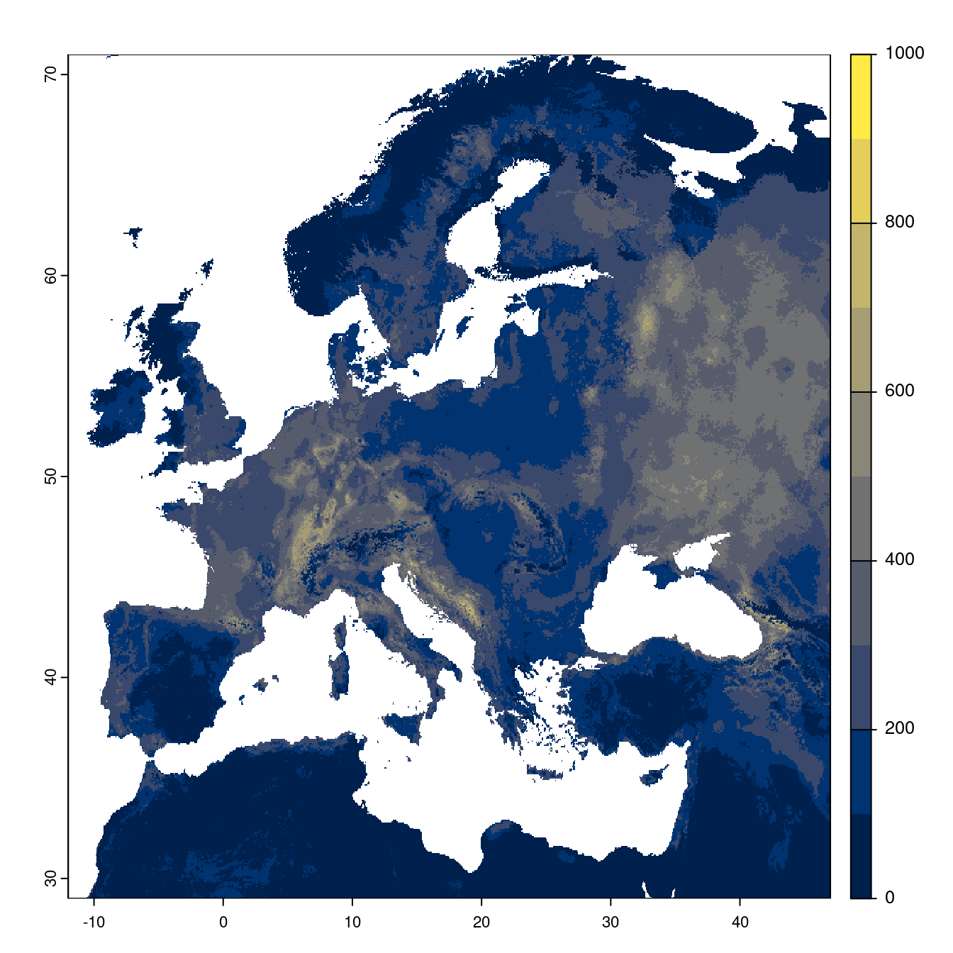 Projection des distributions potentielles futures jusqu'à l'horizon 2100 sous le scénario SSP2-4.5 (modèle d'ensemble).