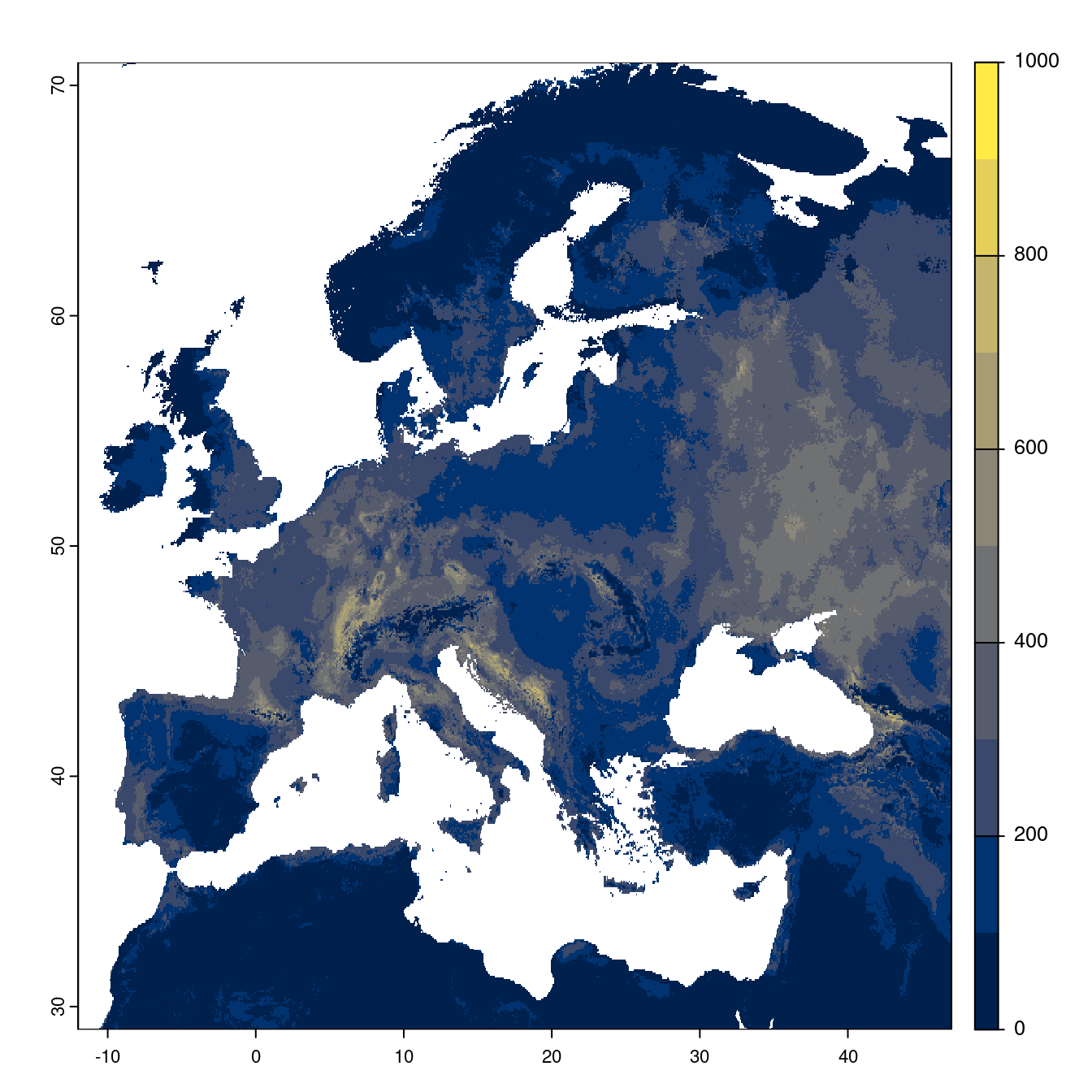 Projection des distributions potentielles futures jusqu'à l'horizon 2100 sous le scénario SSP3-7.0 (modèle d'ensemble).