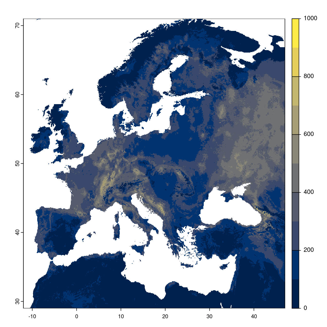 Projection des distributions potentielles futures jusqu'à l'horizon 2100 sous le scénario SSP3-7.0 (modèle d'ensemble).