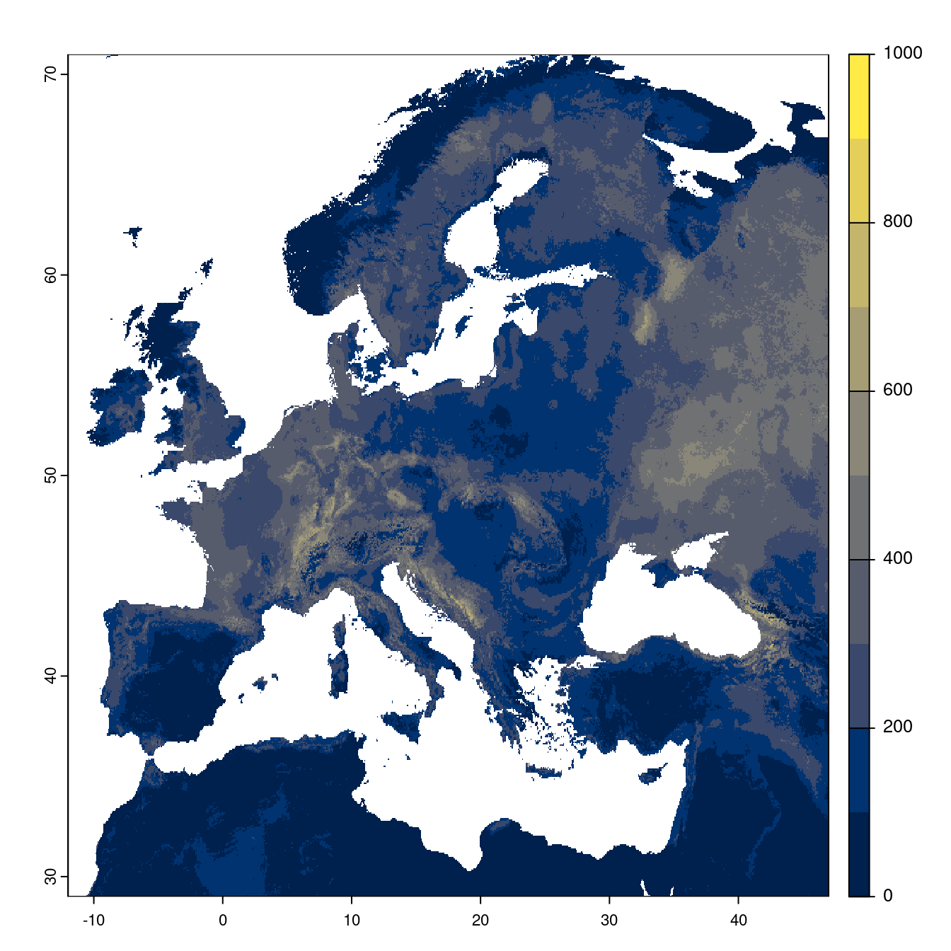 Projection des distributions potentielles futures jusqu'à l'horizon 2100 sous le scénario SSP3-7.0 (modèle d'ensemble).