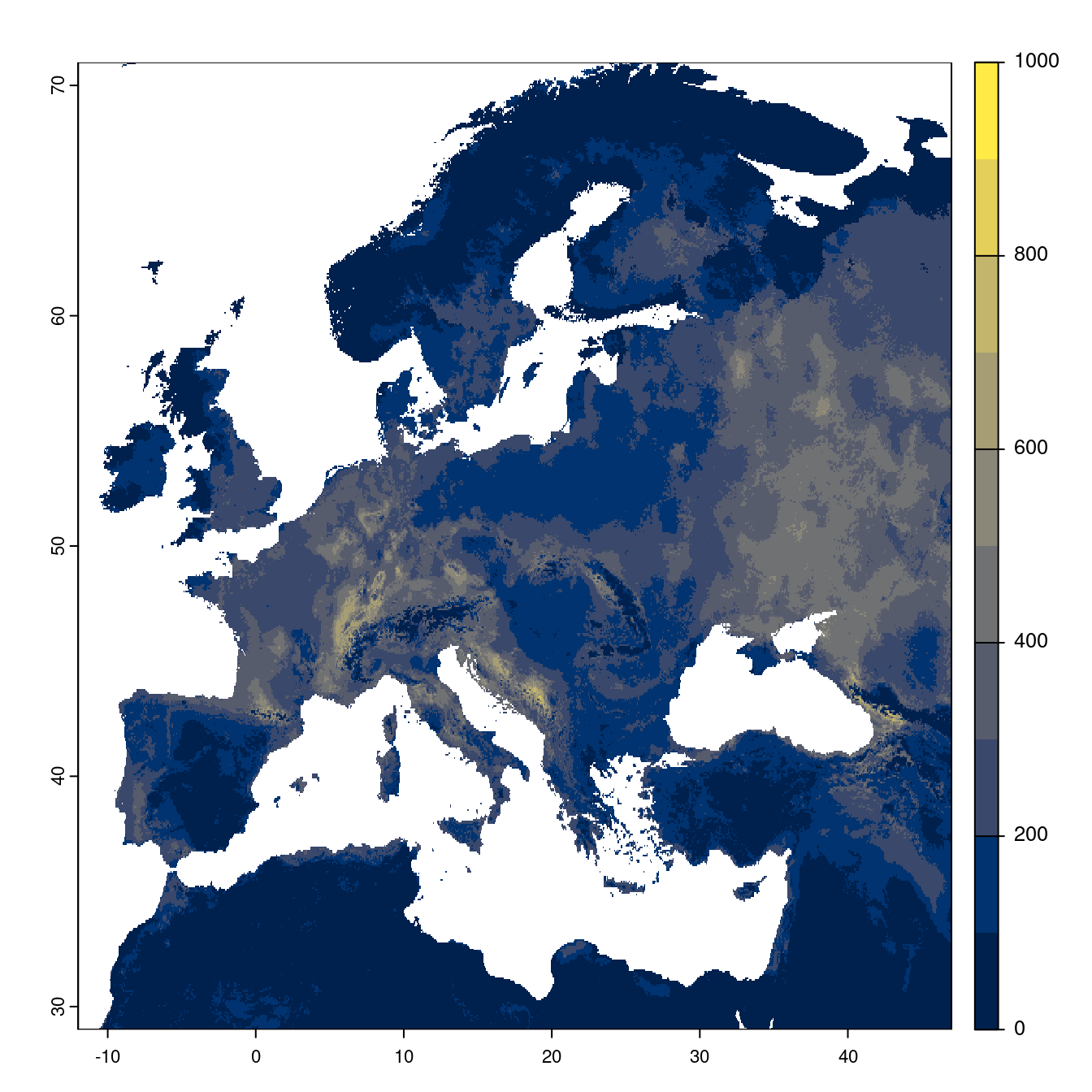 Projection des distributions potentielles futures jusqu'à l'horizon 2100 sous le scénario SSP5-8.5 (modèle d'ensemble).