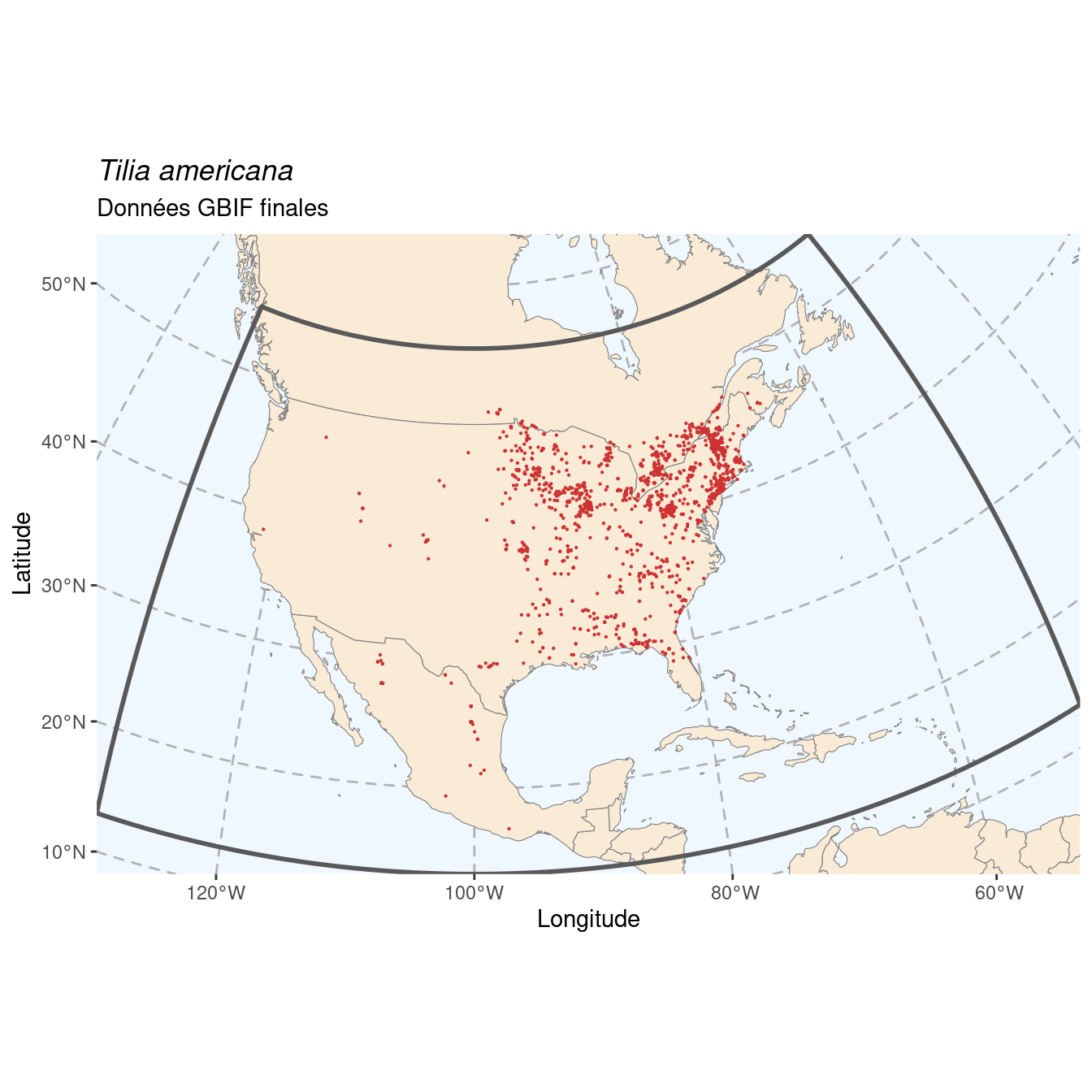 Occurrence de Tilia americana dans la région d'endémisme après sous-échantillonnage éventuel.