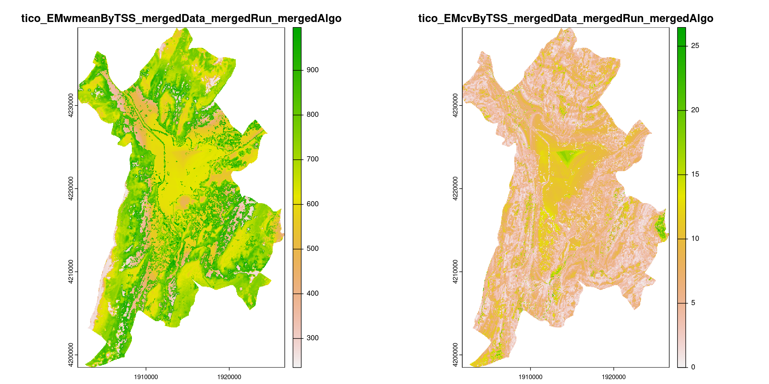 A) Projection de la distribution potentielle contemporaine (modèle d'ensemble) sur la métropole de Grenoble ; B) Incertitude associée à la projection.