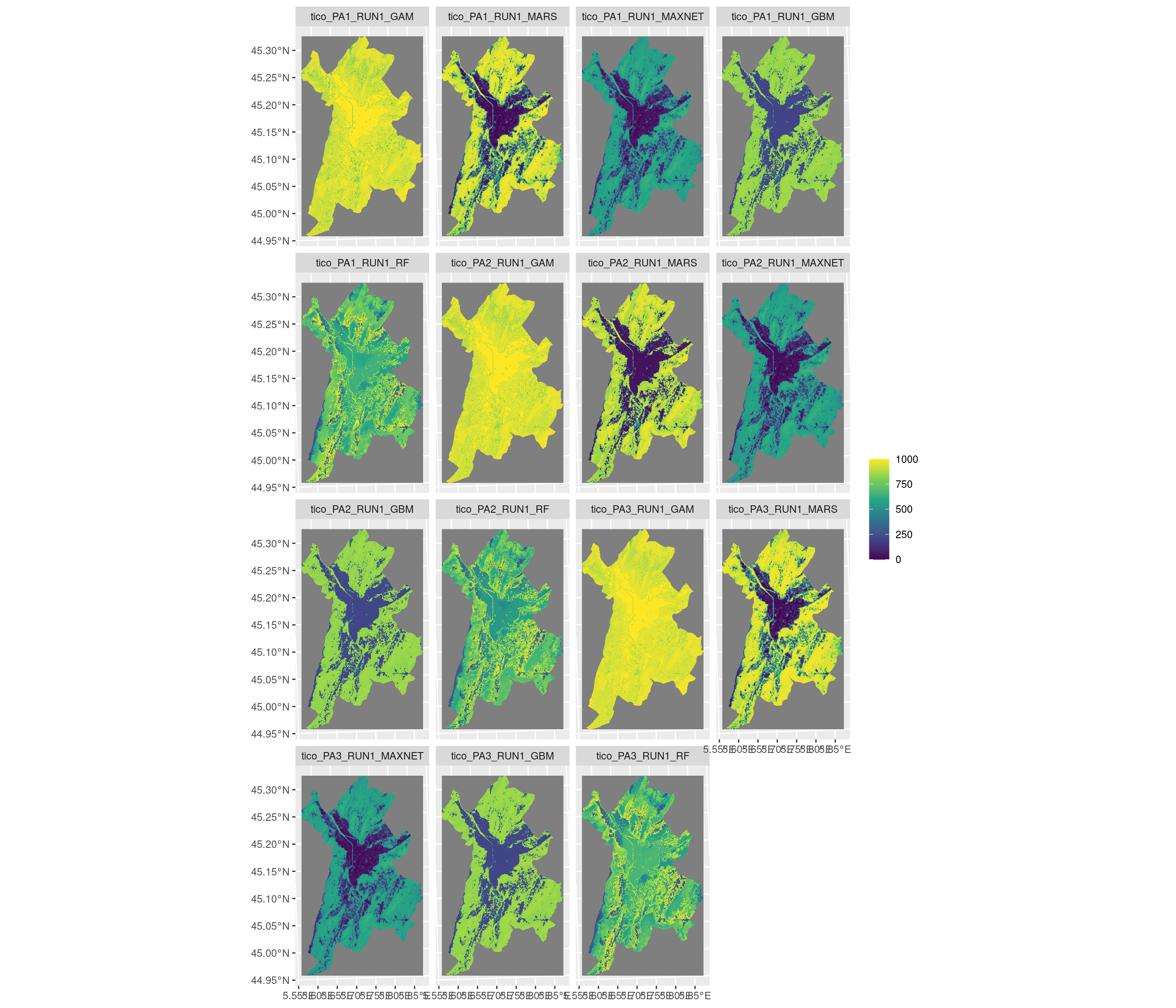 Projection de la distribution potentielle contemporaine sur la métropole de Grenoble, selon les 6 algorithmes et les 3 runs.